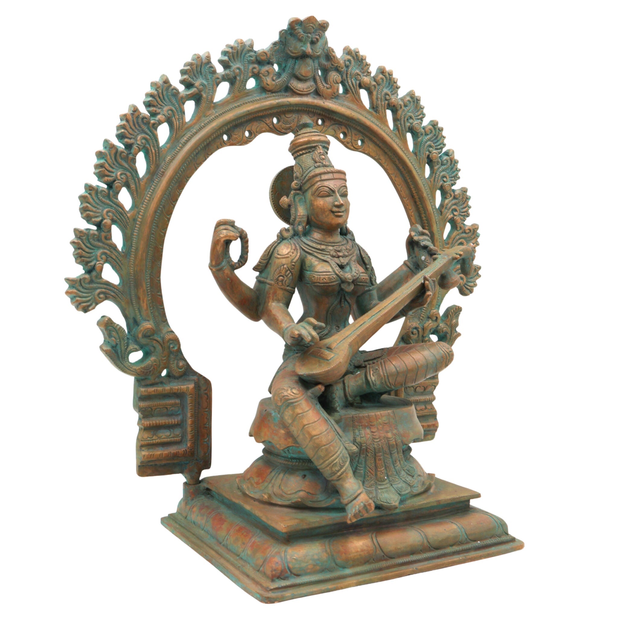 Handcrafted Panchaloha Goddess Saraswati Idol, Sharada Devi, Vani, Bharati, Vagdevi Bronze Murti for Puja, Temple & Home Decor,Brown, 13.5 Inch, 1 Piece