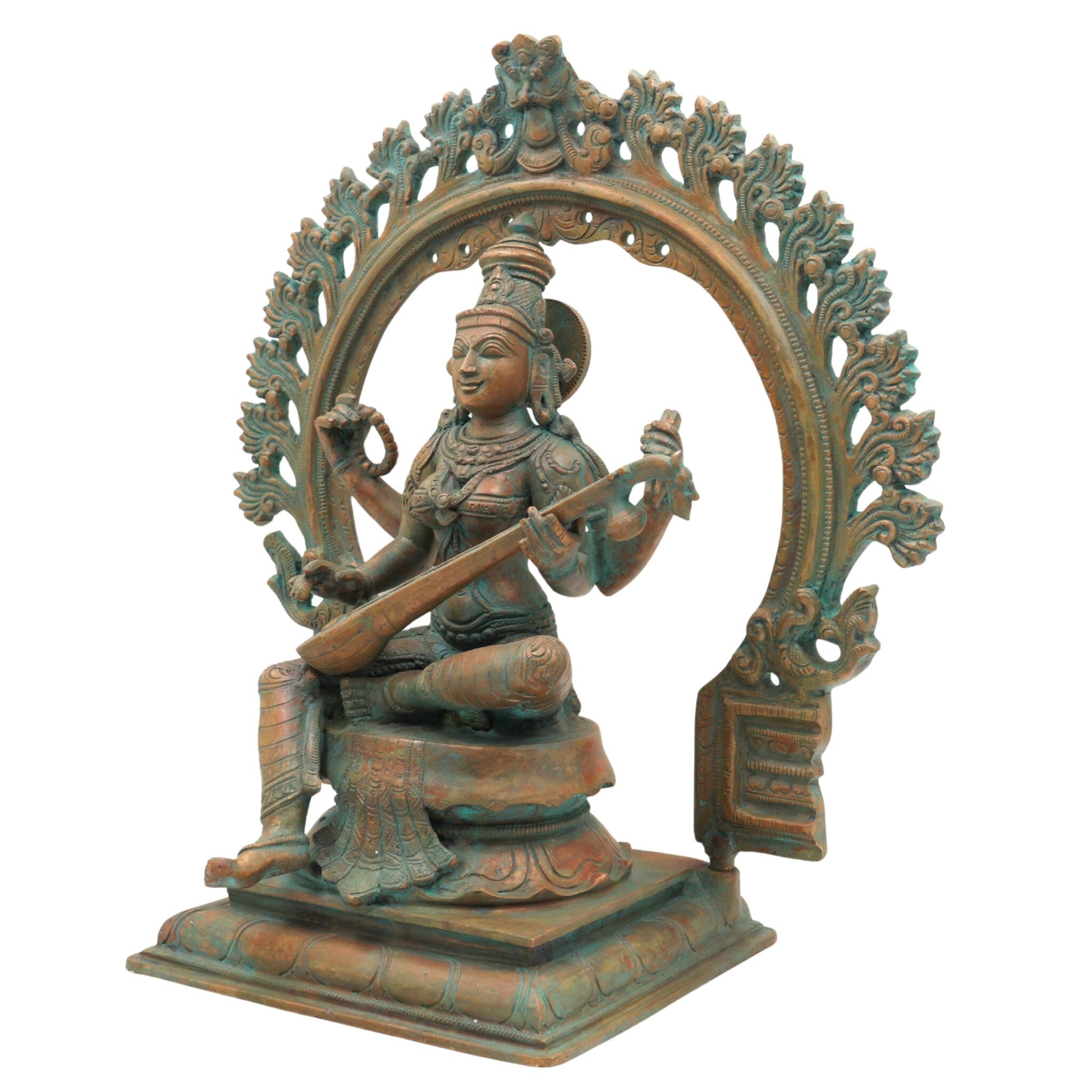 Handcrafted Panchaloha Goddess Saraswati Idol, Sharada Devi, Vani, Bharati, Vagdevi Bronze Murti for Puja, Temple & Home Decor,Brown, 13.5 Inch, 1 Piece