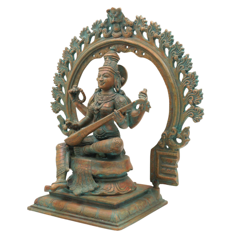 Handcrafted Panchaloha Goddess Saraswati Idol, Sharada Devi, Vani, Bharati, Vagdevi Bronze Murti for Puja, Temple & Home Decor,Brown, 13.5 Inch, 1 Piece