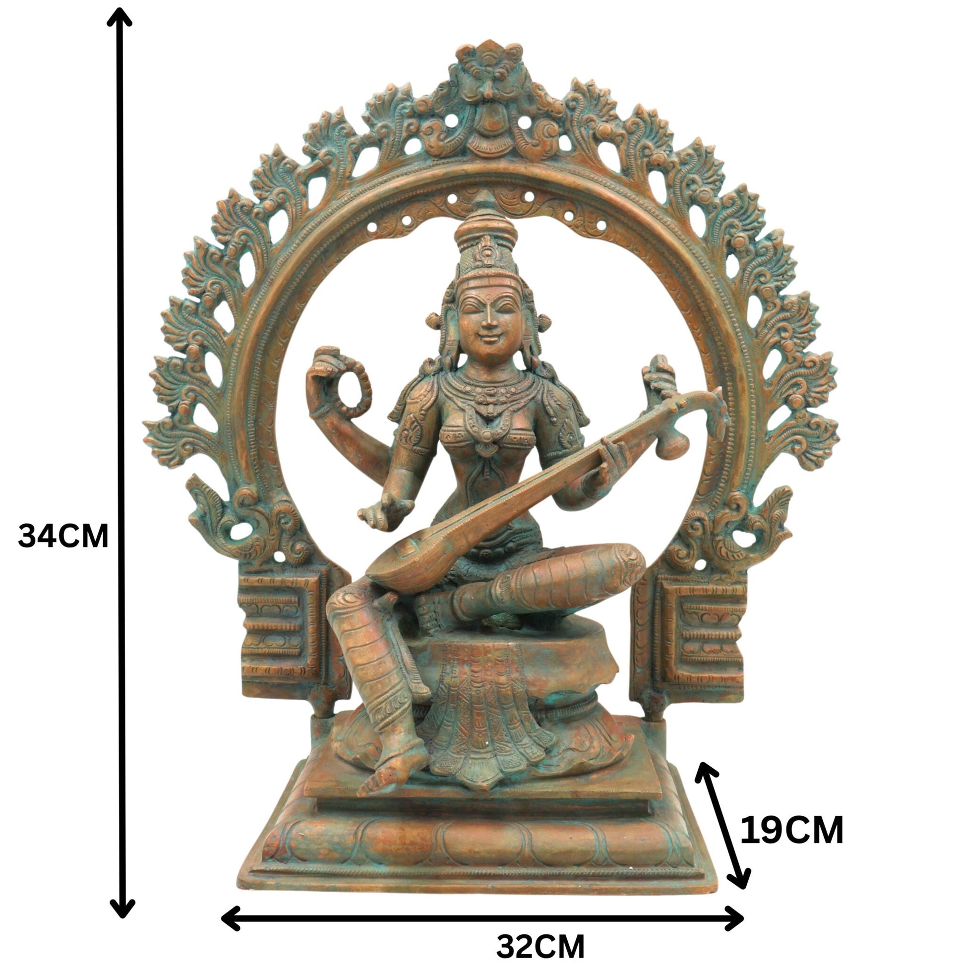Handcrafted Panchaloha Goddess Saraswati Idol, Sharada Devi, Vani, Bharati, Vagdevi Bronze Murti for Puja, Temple & Home Decor,Brown, 13.5 Inch, 1 Piece