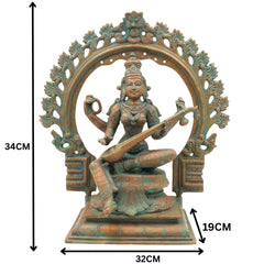 Handcrafted Panchaloha Goddess Saraswati Idol, Sharada Devi, Vani, Bharati, Vagdevi Bronze Murti for Puja, Temple & Home Decor,Brown, 13.5 Inch, 1 Piece