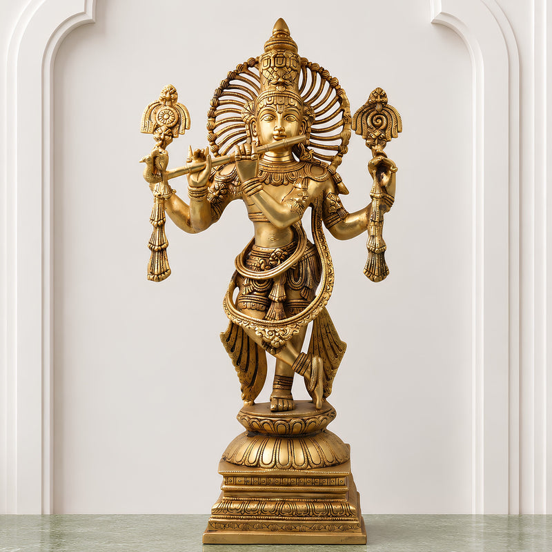 Brass Krishna Idol in Tribhangi Mudra, Gopal, Govinda, Balakrishna Murti for Pooja, Home Decor, Gifts & Temple Sculpture,Gold, 24 Inch, 1 Piece