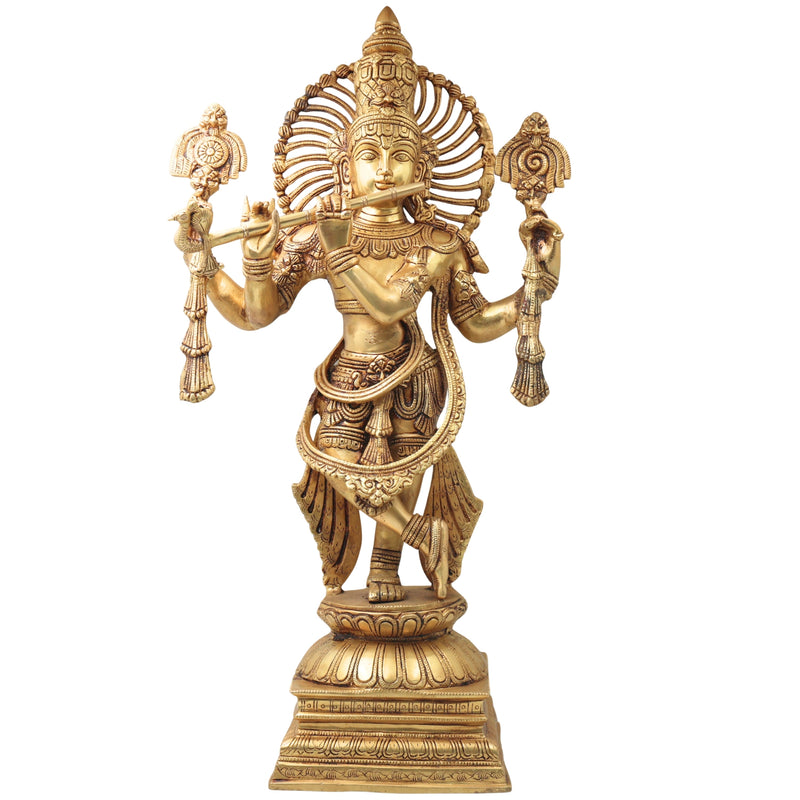 Brass Krishna Idol in Tribhangi Mudra, Gopal, Govinda, Balakrishna Murti for Pooja, Home Decor, Gifts & Temple Sculpture,Gold, 24 Inch, 1 Piece