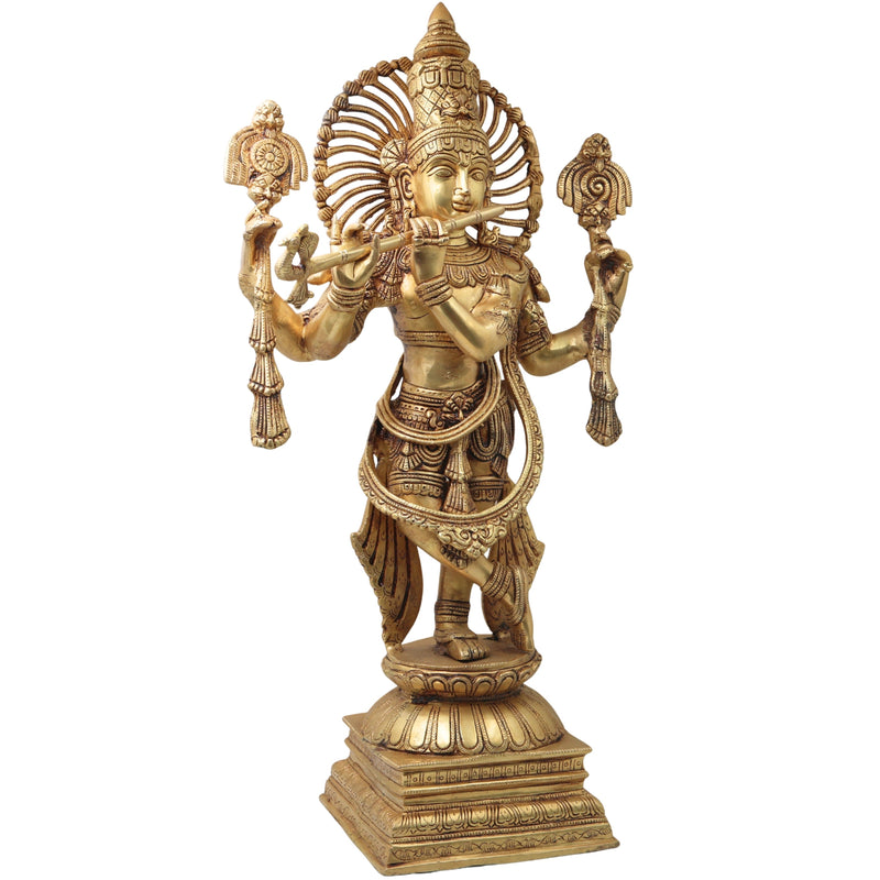Brass Krishna Idol in Tribhangi Mudra, Gopal, Govinda, Balakrishna Murti for Pooja, Home Decor, Gifts & Temple Sculpture,Gold, 24 Inch, 1 Piece