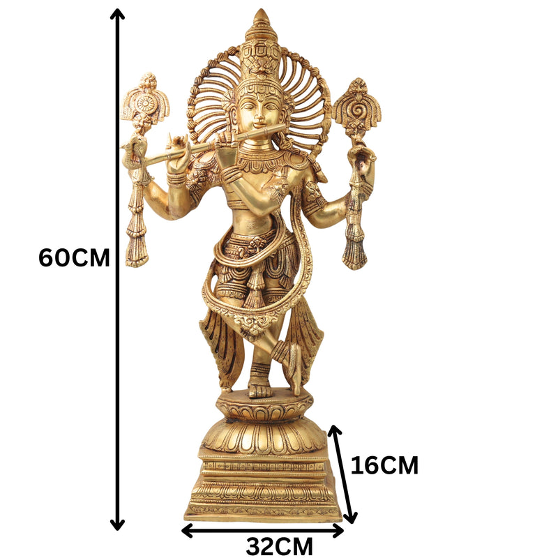Brass Krishna Idol in Tribhangi Mudra, Gopal, Govinda, Balakrishna Murti for Pooja, Home Decor, Gifts & Temple Sculpture,Gold, 24 Inch, 1 Piece