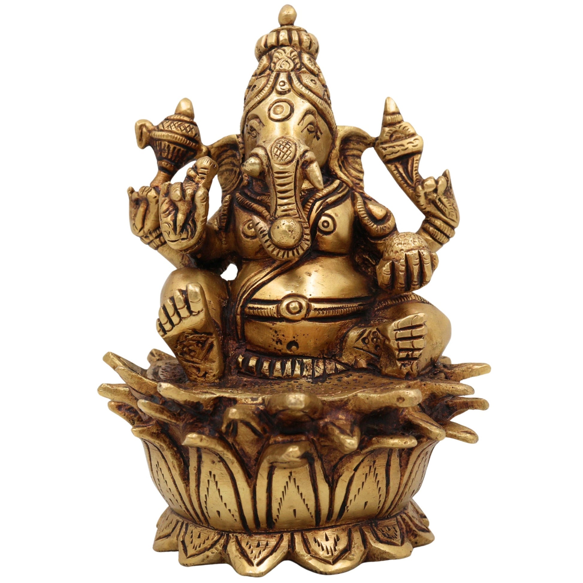 Handcrafted Brass Ganesh Idol | Vinayaka Ganpati Murti for Home Temple Decor | Pital Gajanana Statue | Vighnaharta Siddhivinayak Pooja Showpiece by Bhunes,Gold, 6 Inch, 1 Piece
