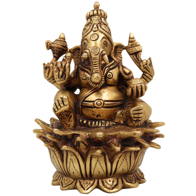 Handcrafted Brass Ganesh Idol | Vinayaka Ganpati Murti for Home Temple Decor | Pital Gajanana Statue | Vighnaharta Siddhivinayak Pooja Showpiece by Bhunes,Gold, 6 Inch, 1 Piece