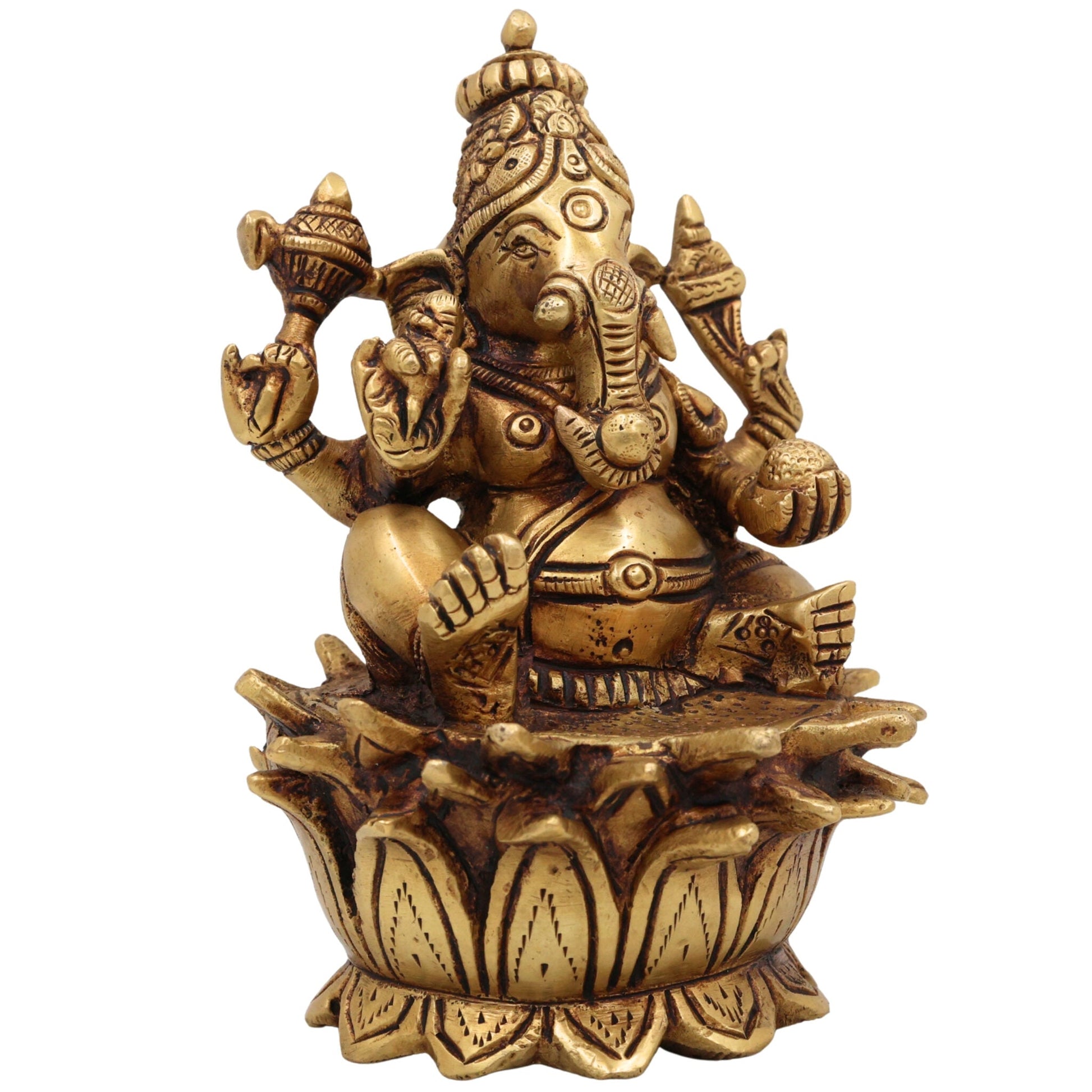 Handcrafted Brass Ganesh Idol | Vinayaka Ganpati Murti for Home Temple Decor | Pital Gajanana Statue | Vighnaharta Siddhivinayak Pooja Showpiece by Bhunes,Gold, 6 Inch, 1 Piece