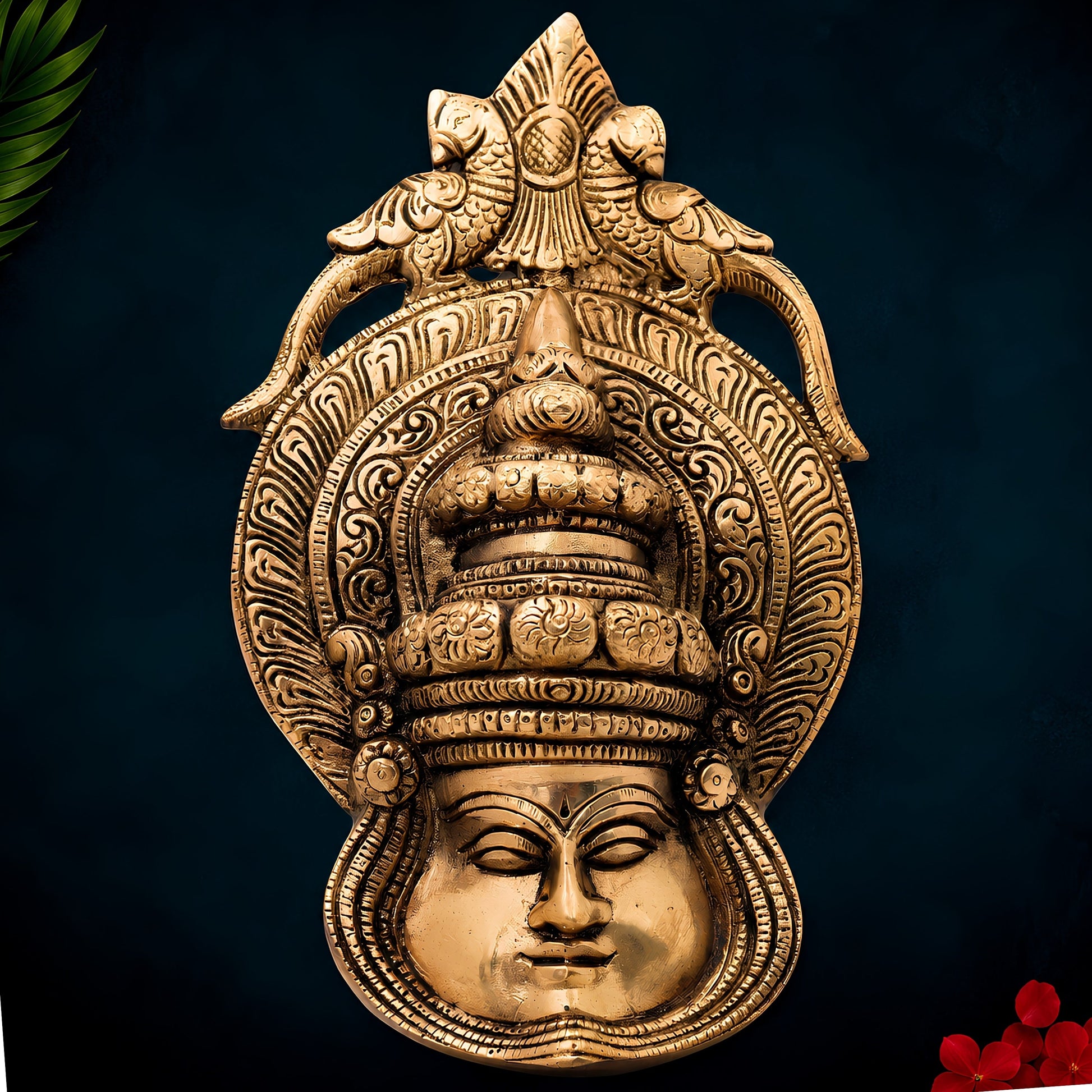 Brass Kathakali Face Wall Hanging, Peetal Pital Kathakali Mask Idol, Kerala Kathakali Face for Home Decor,Gold, 7.5 Inch, 1 Piece