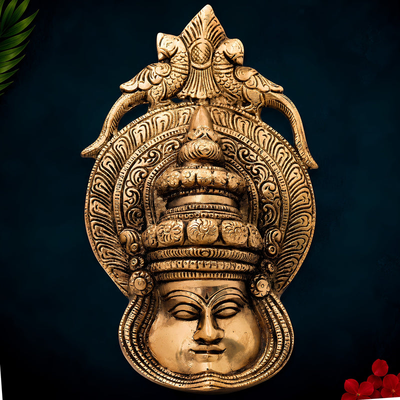 Brass Kathakali Face Wall Hanging, Peetal Pital Kathakali Mask Idol, Kerala Kathakali Face for Home Decor,Gold, 7.5 Inch, 1 Piece