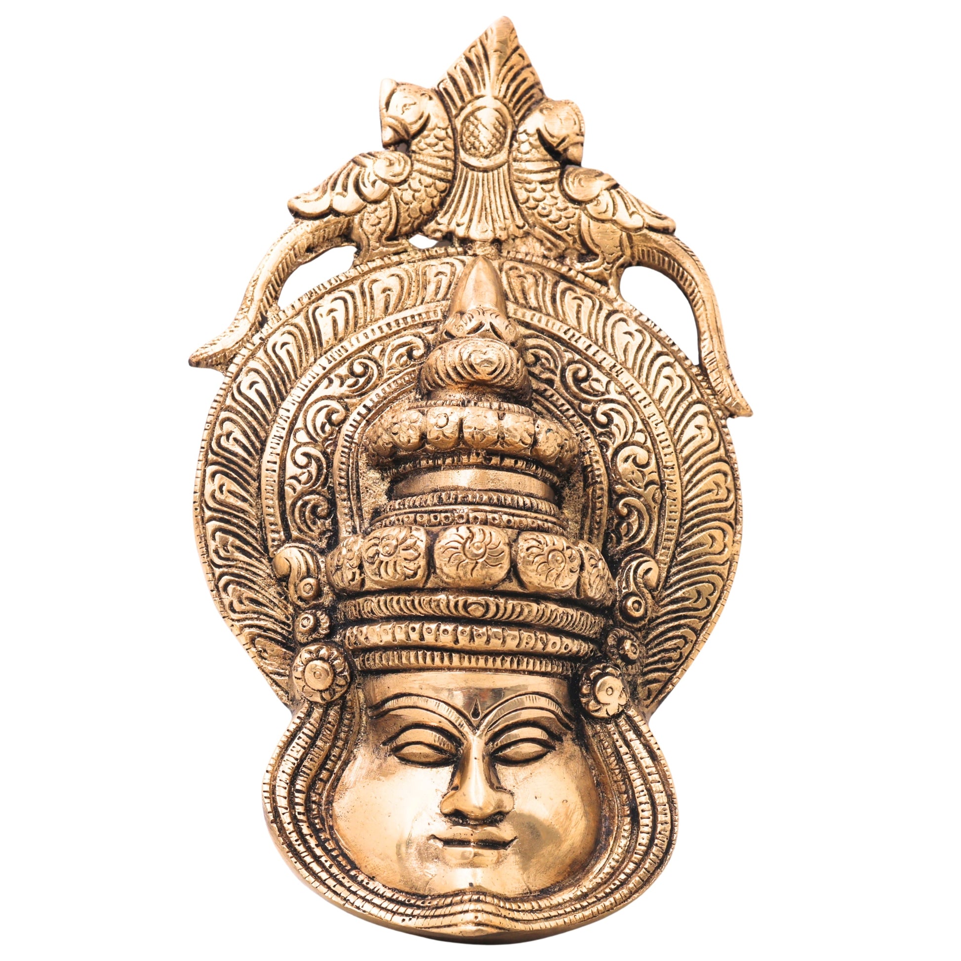 Brass Kathakali Face Wall Hanging, Peetal Pital Kathakali Mask Idol, Kerala Kathakali Face for Home Decor,Gold, 7.5 Inch, 1 Piece