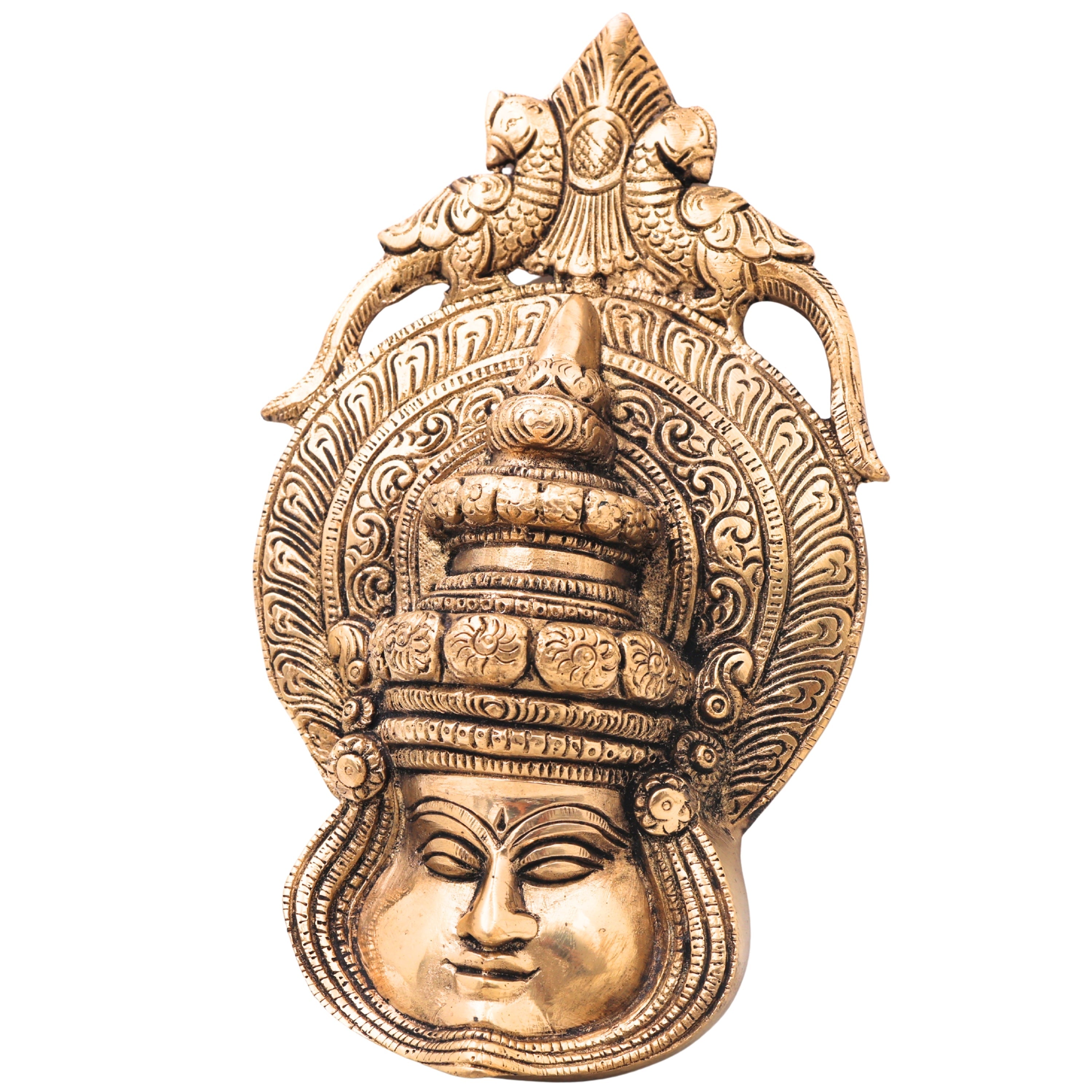 Brass Kathakali Face Wall Hanging, Peetal Pital Kathakali Mask Idol, Kerala Kathakali Face for Home Decor,Gold, 7.5 Inch, 1 Piece
