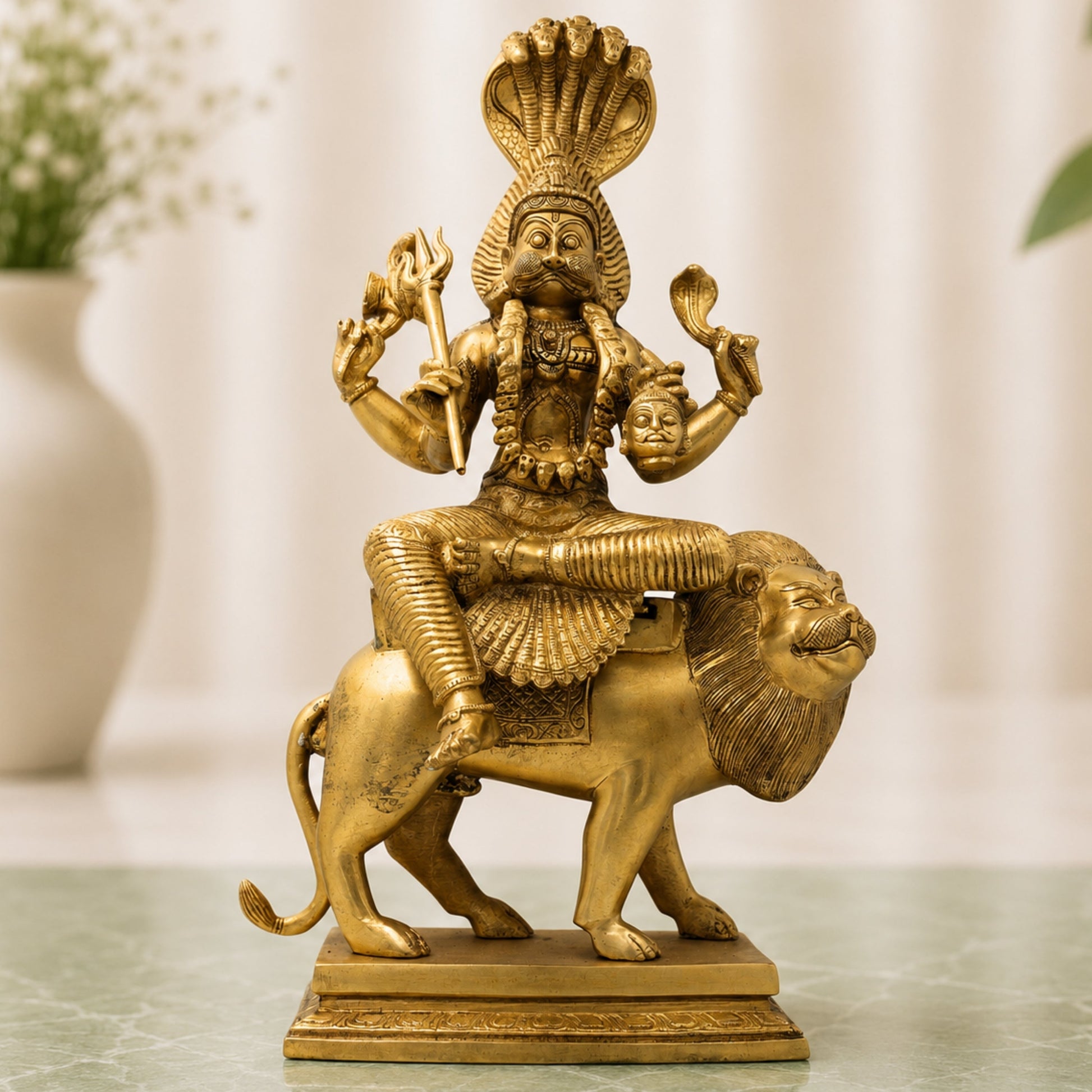 Pratyangira Devi Idol, Atharvana Bhadrakali Murti, Narasimhi Simhamukhi Brass Statue for Pooja Room, Temple, Home Decor, Office & Spiritual Gifts,Gold, 17 Inch, 1 Piece