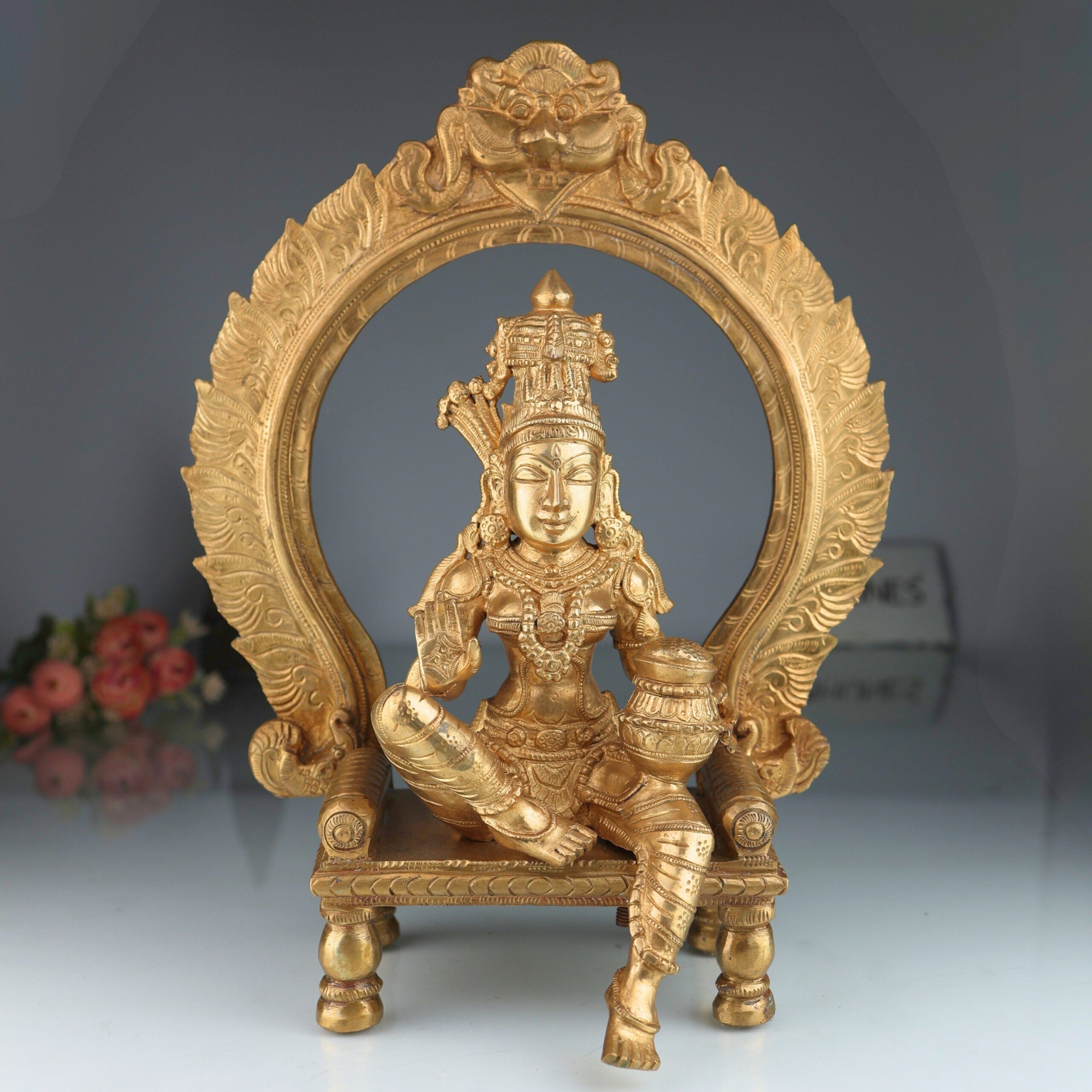 Panchaloha Handcrafted Annapurna Devi Sitting Idol – Bronze Goddess Annapoorna Murti for Home Temple & Decor, Brown, 15 Inch, 1 Piece
