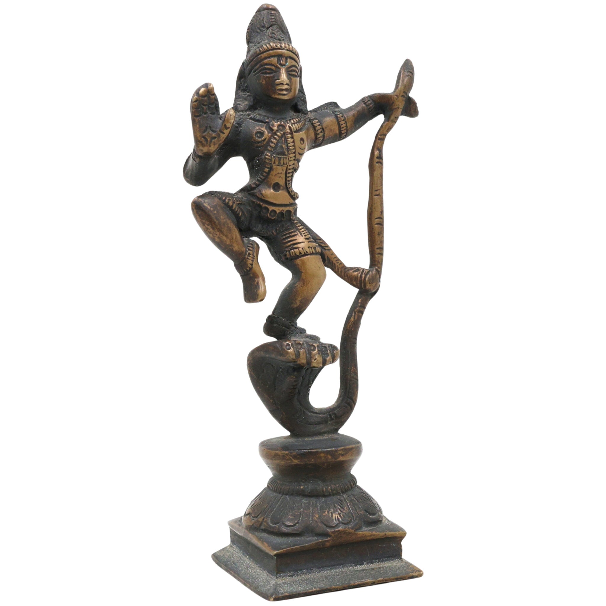 Lord Krishna Kaliya Mardan Idol, Brass Krishna Murti, Gopal Vigraha, Balakrishna Statue, Radha Krishna Pooja Murti for Home & Temple Decor,Brown, 6 Inch, 1 Piece