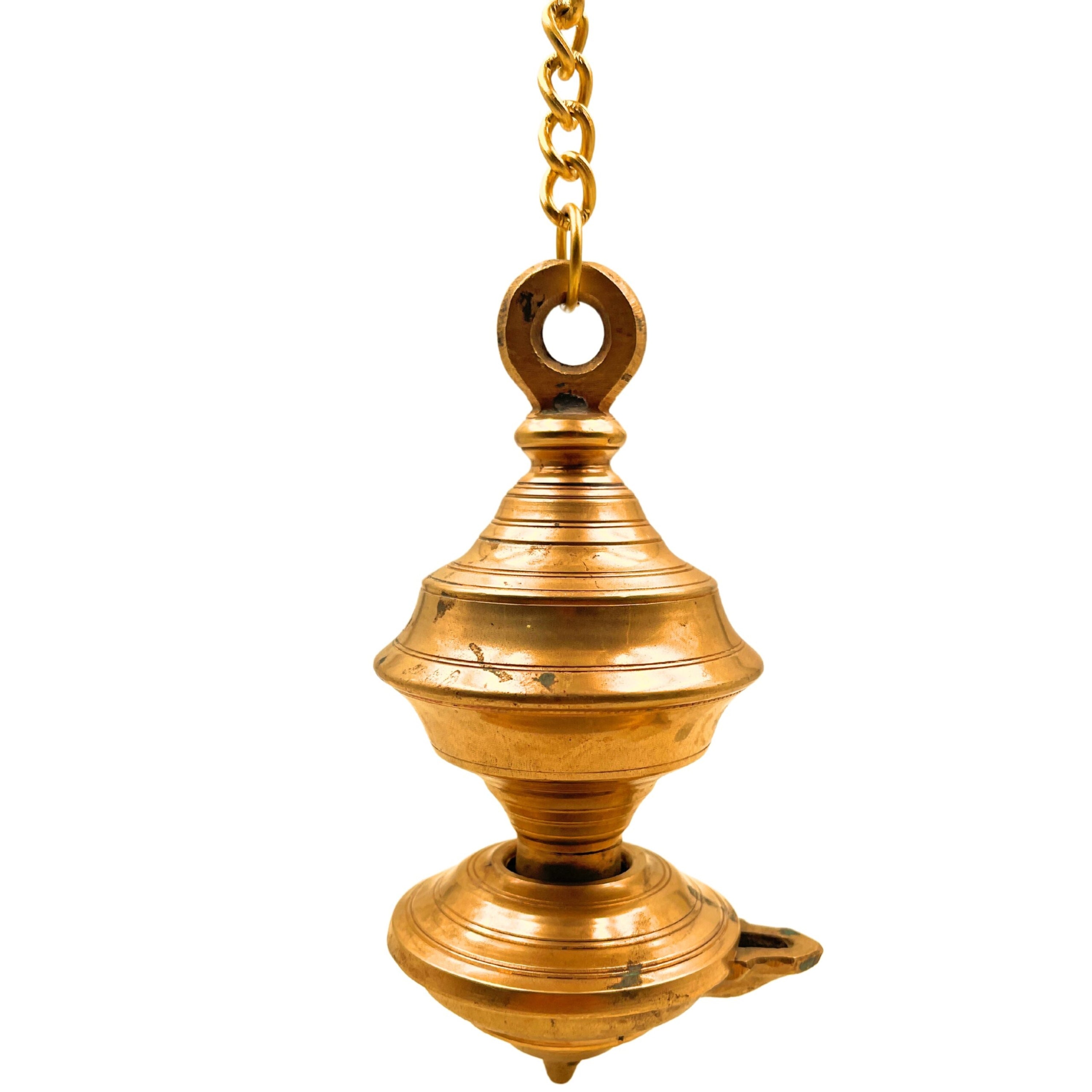 Brass Hanging Diya, Traditional Peetal Pittal Pitala Ceiling Lantern, Handcrafted Indian Temple Light,Gold, 8.5 Inch, 1 Piece