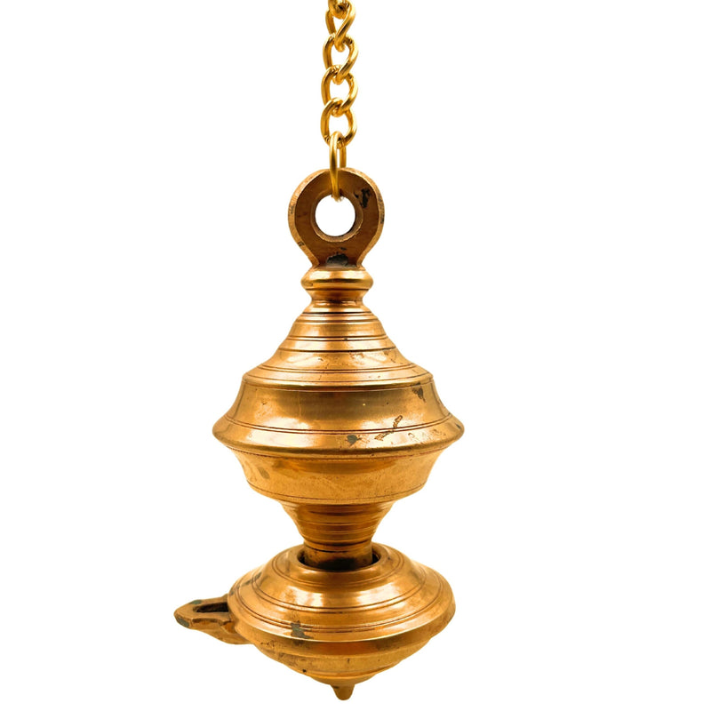 Brass Hanging Diya, Traditional Peetal Pittal Pitala Ceiling Lantern, Handcrafted Indian Temple Light,Gold, 8.5 Inch, 1 Piece