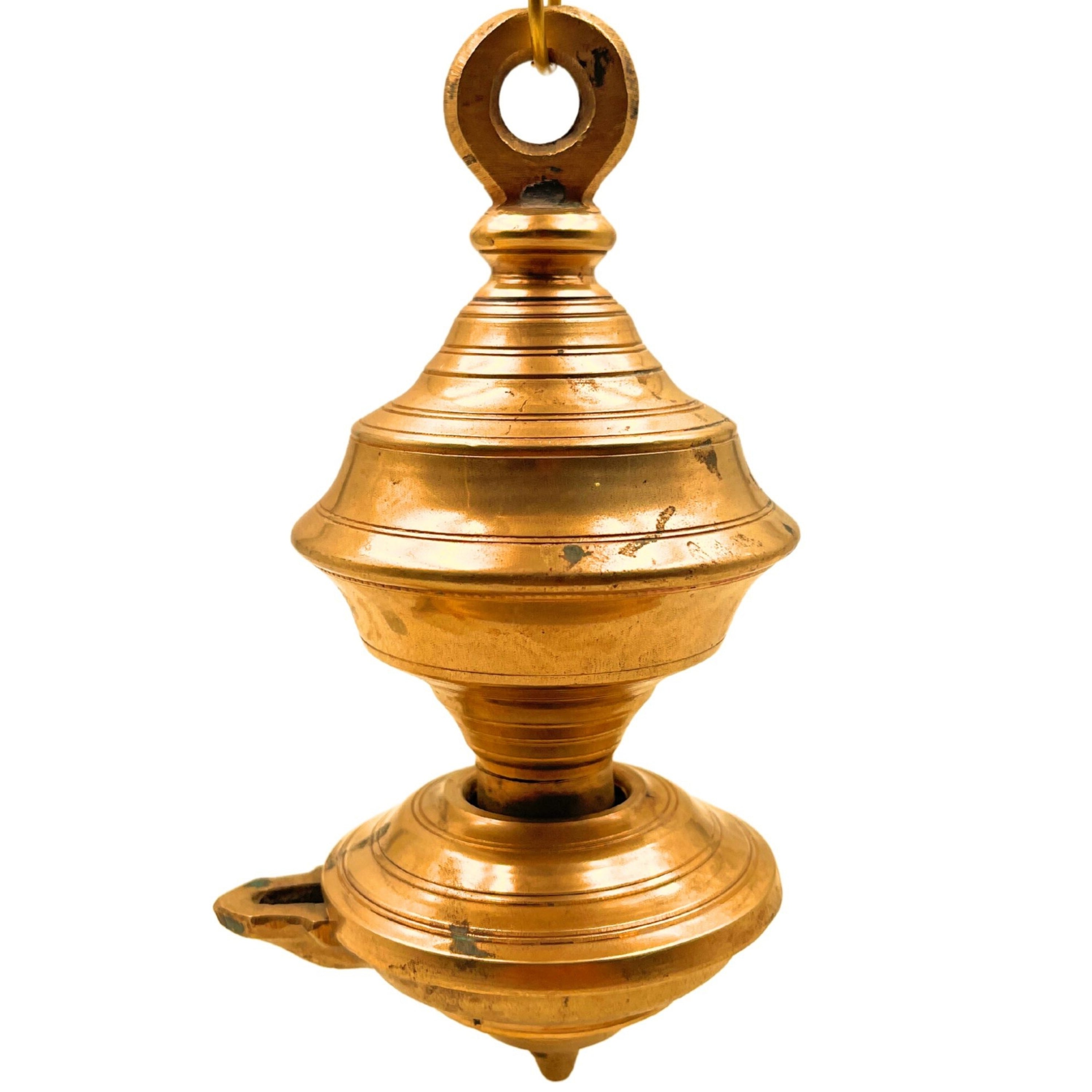 Brass Hanging Diya, Traditional Peetal Pittal Pitala Ceiling Lantern, Handcrafted Indian Temple Light,Gold, 8.5 Inch, 1 Piece