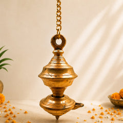 Brass Hanging Diya, Traditional Peetal Pittal Pitala Ceiling Lantern, Handcrafted Indian Temple Light,Gold, 8.5 Inch, 1 Piece