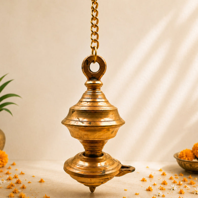 Brass Hanging Diya, Traditional Peetal Pittal Pitala Ceiling Lantern, Handcrafted Indian Temple Light,Gold, 8.5 Inch, 1 Piece