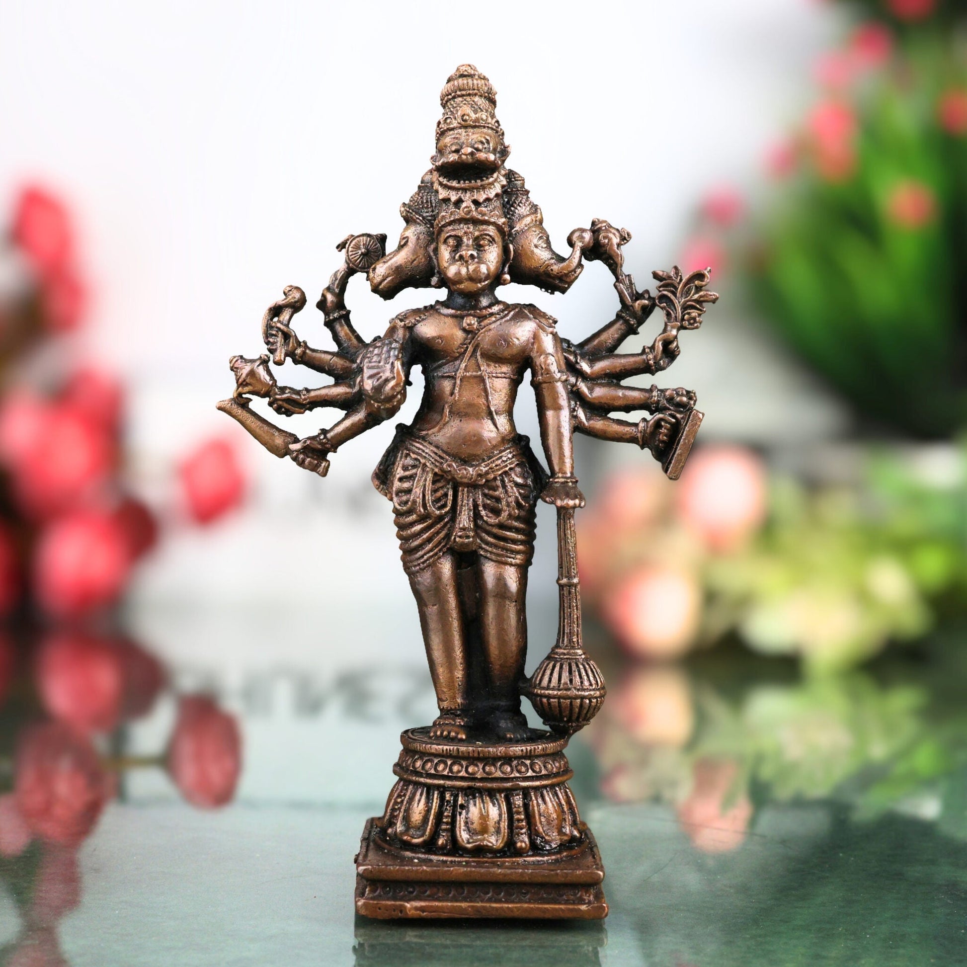 Copper Hanuman Idol | Tamra Bajrangbali Murti | Anjaneya Maruti Statue | Pavanputra Kesarinandan Ramdoot | Sankat Mochan Panchmukhi Hanuman Murti for Puja, Temple & Home Decor,Brown, 4.5 Inch, 1 Piece