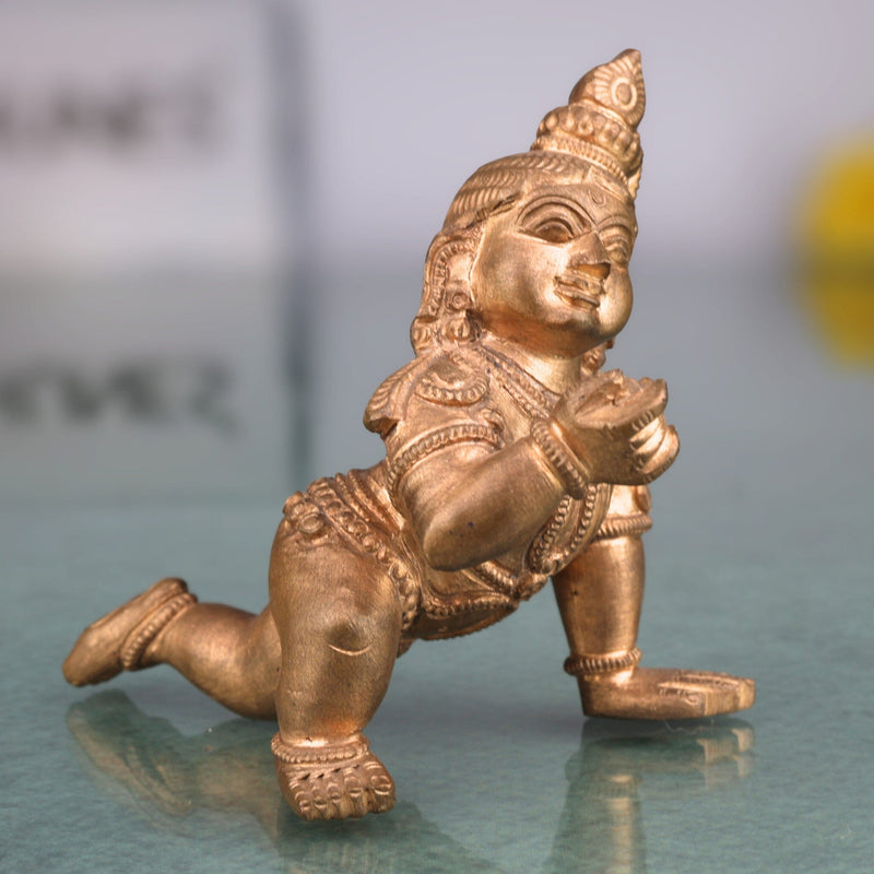 Handcrafted Bronze Laddu Gopal Idol | Panchaloha Bal Krishna Murti | Natkhat Kanha Ji Makhan Chor Sculpture | Ashtadhatu Nand Gopal Chola Art Statue,Gold, 3.5 Inch, 1 Piece