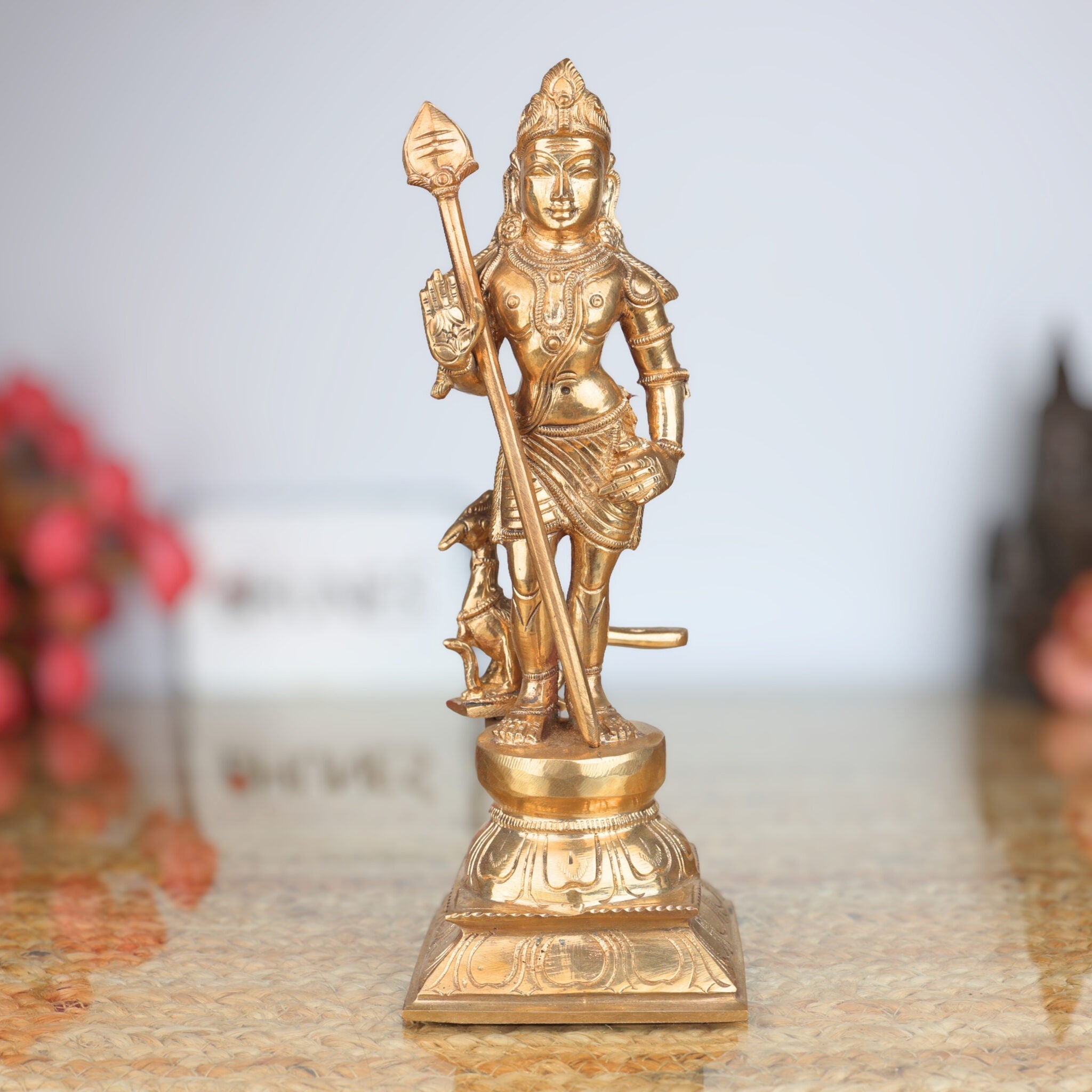 Handcrafted Bronze Murugan Idol | Panchaloha Subramanya, Skanda, Karthikeya, Arumugan, Vel Murugan Statue for Home Temple & Pooja,Gold, 10 Inch, 1 Piece