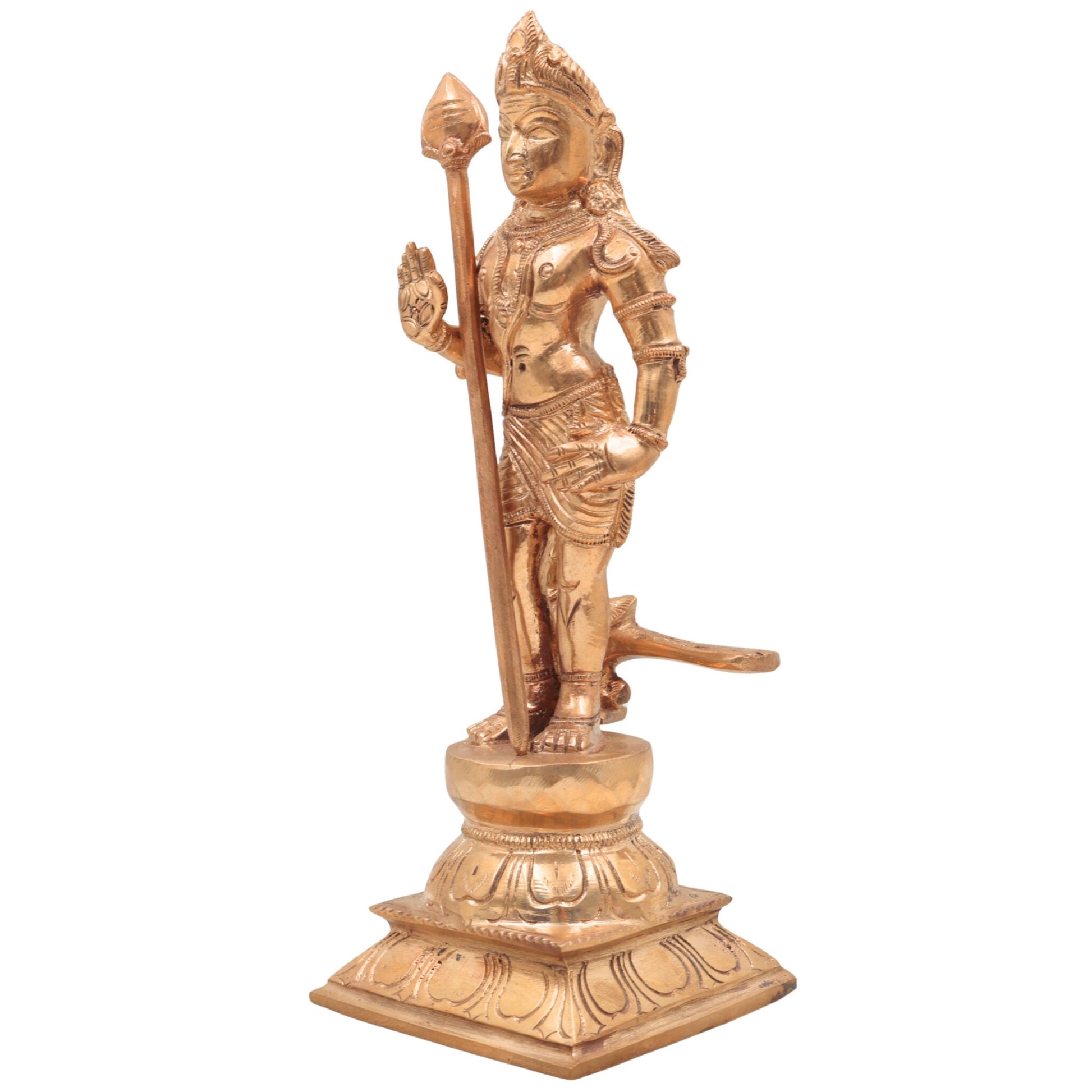 Handcrafted Bronze Murugan Idol | Panchaloha Subramanya, Skanda, Karthikeya, Arumugan, Vel Murugan Statue for Home Temple & Pooja,Gold, 10 Inch, 1 Piece