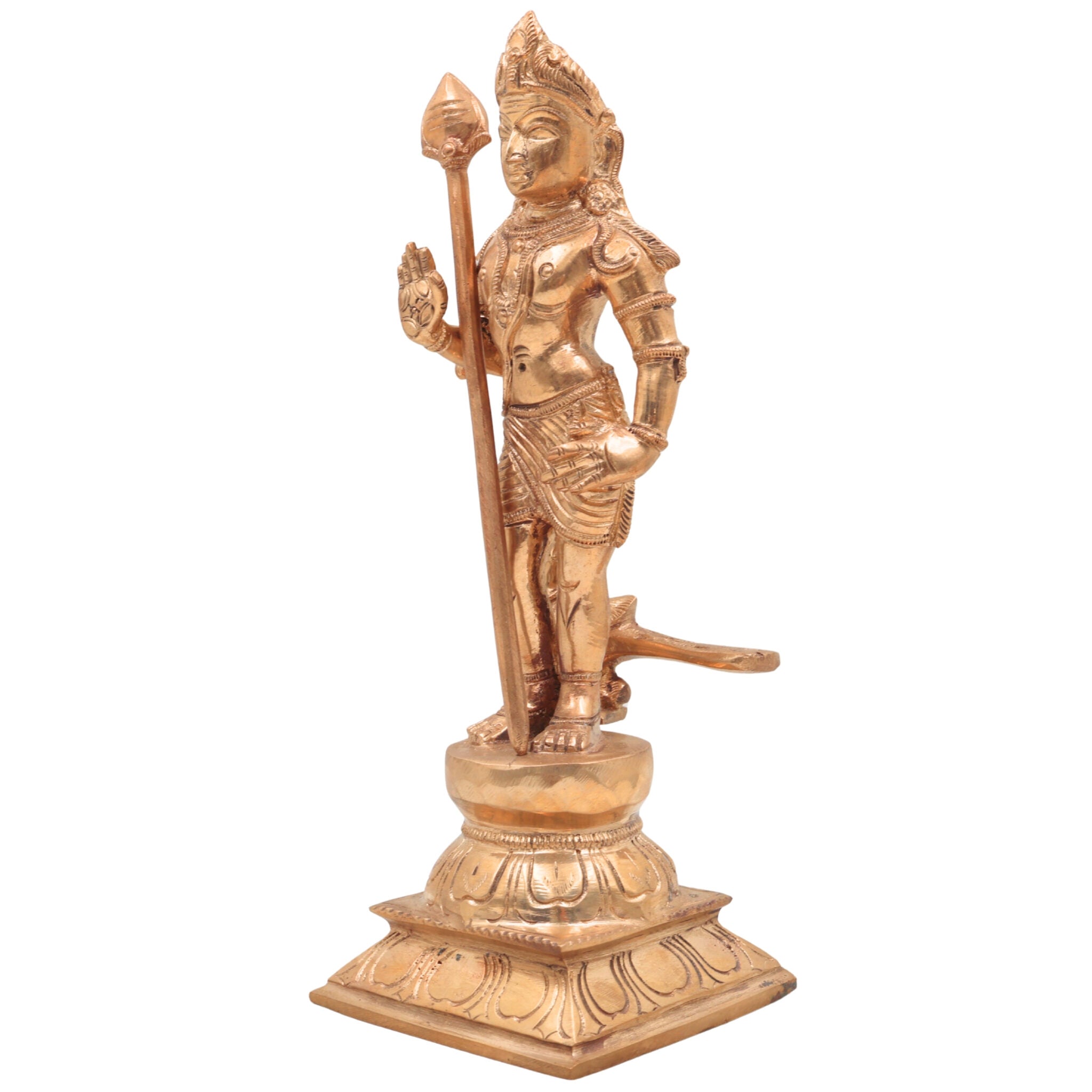 Handcrafted Bronze Murugan Idol | Panchaloha Subramanya, Skanda, Karthikeya, Arumugan, Vel Murugan Statue for Home Temple & Pooja,Gold, 10 Inch, 1 Piece