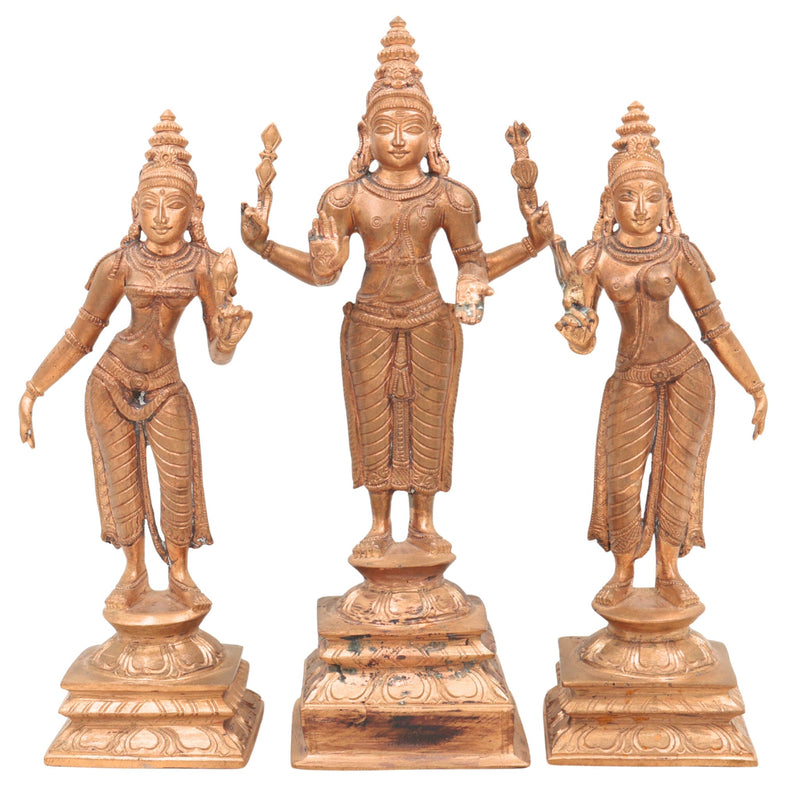 Handcrafted Panchaloha Murugan with Valli and Devasena Idol – Bronze Subramanya Skanda Kumara Swamy Statue in Chola Art Style,Gold, 9 Inch, 1 Piece