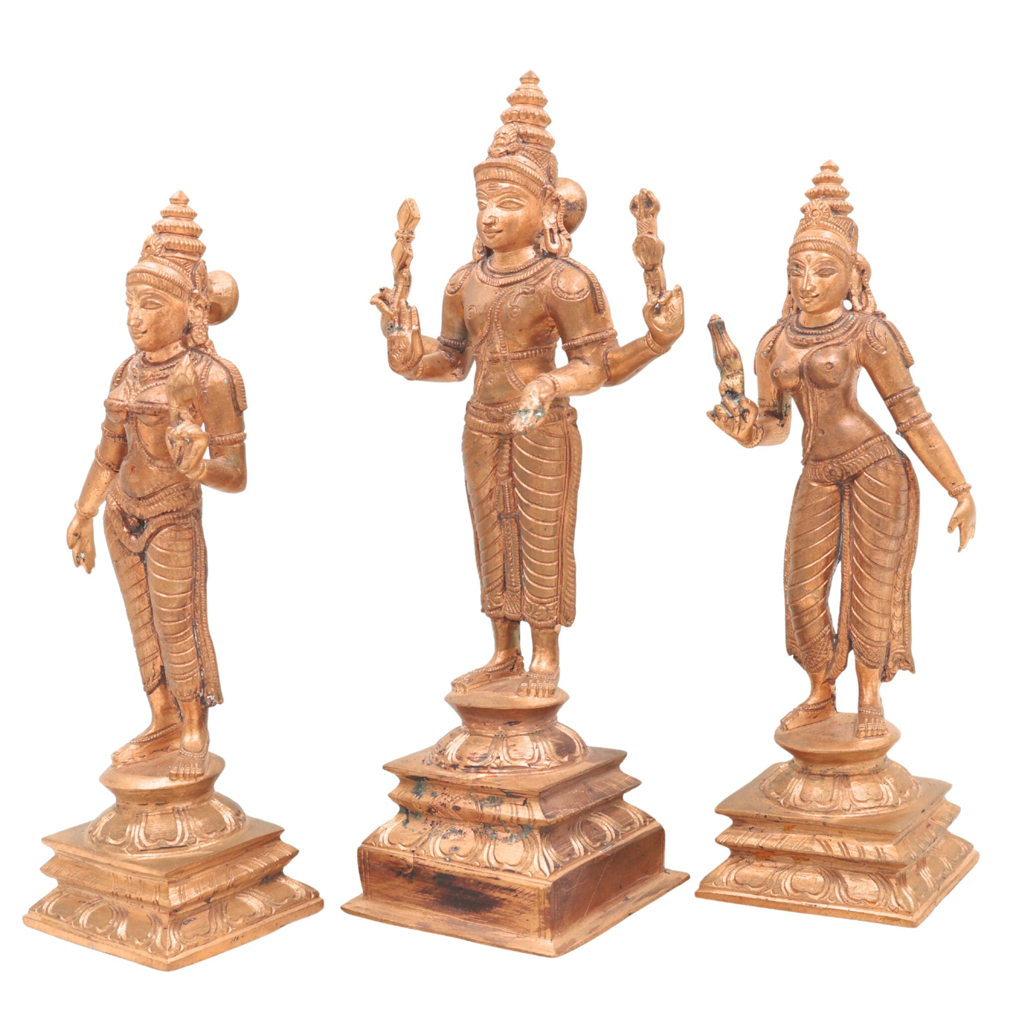 Handcrafted Panchaloha Murugan with Valli and Devasena Idol – Bronze Subramanya Skanda Kumara Swamy Statue in Chola Art Style,Gold, 9 Inch, 1 Piece
