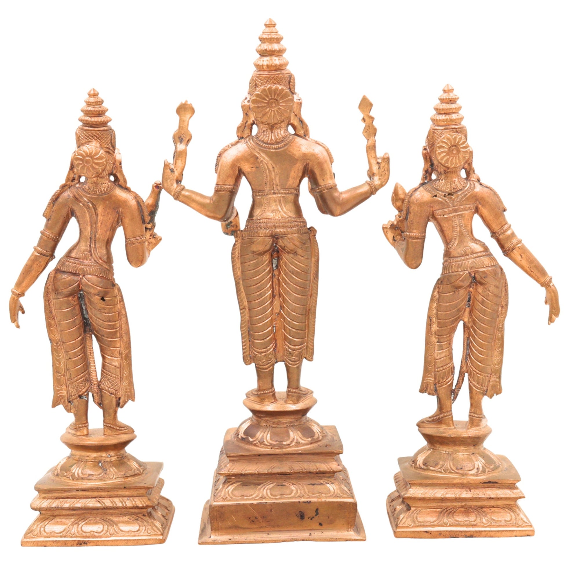 Handcrafted Panchaloha Murugan with Valli and Devasena Idol – Bronze Subramanya Skanda Kumara Swamy Statue in Chola Art Style,Gold, 9 Inch, 1 Piece