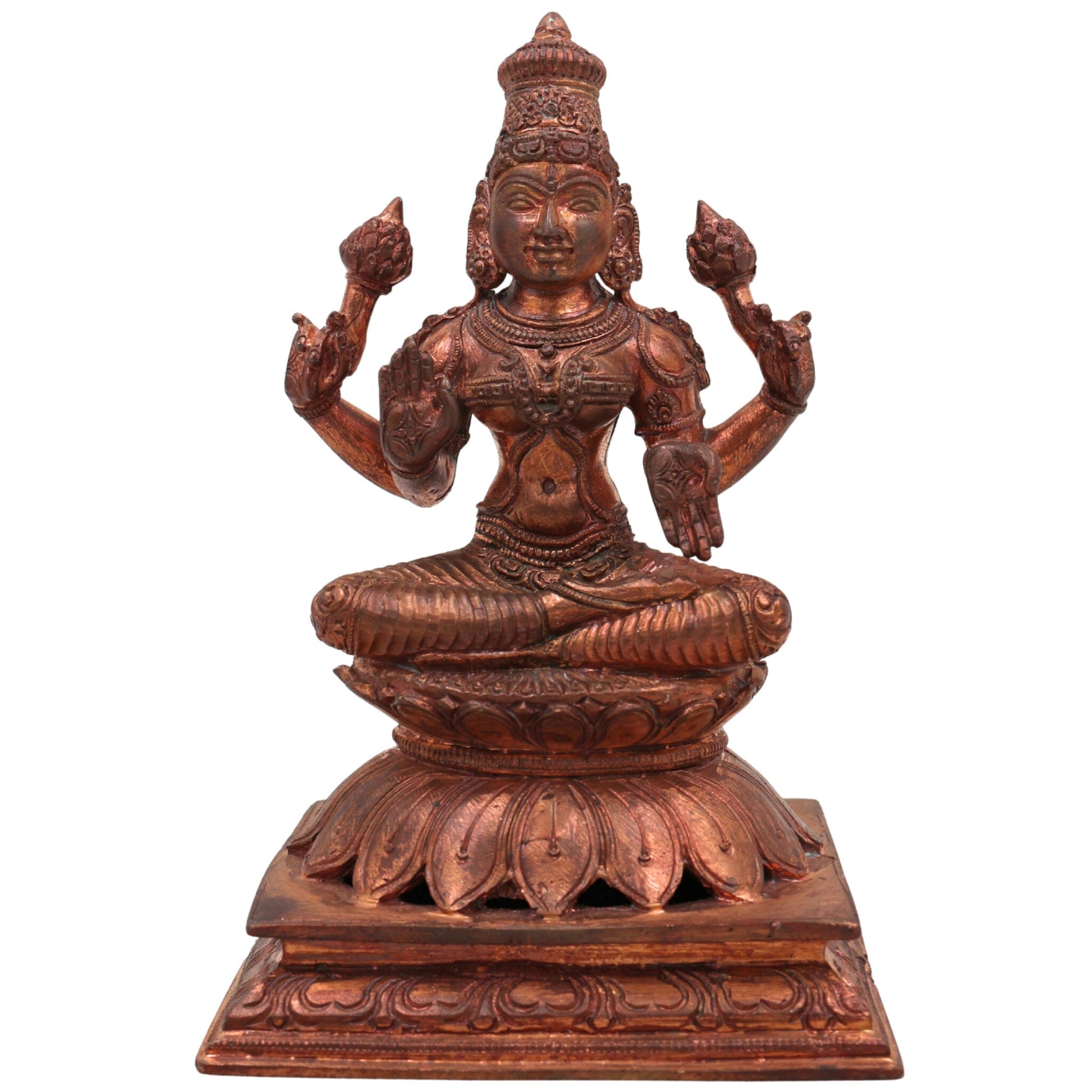 Handcrafted Bronze Mahalakshmi Idol | Panchaloha Lakshmi Murti | Kamala Devi | Lakshmi | South Indian Chola Art Sculpture for Pooja & Home Decor,Gold, 5 Inch, 1 Piece