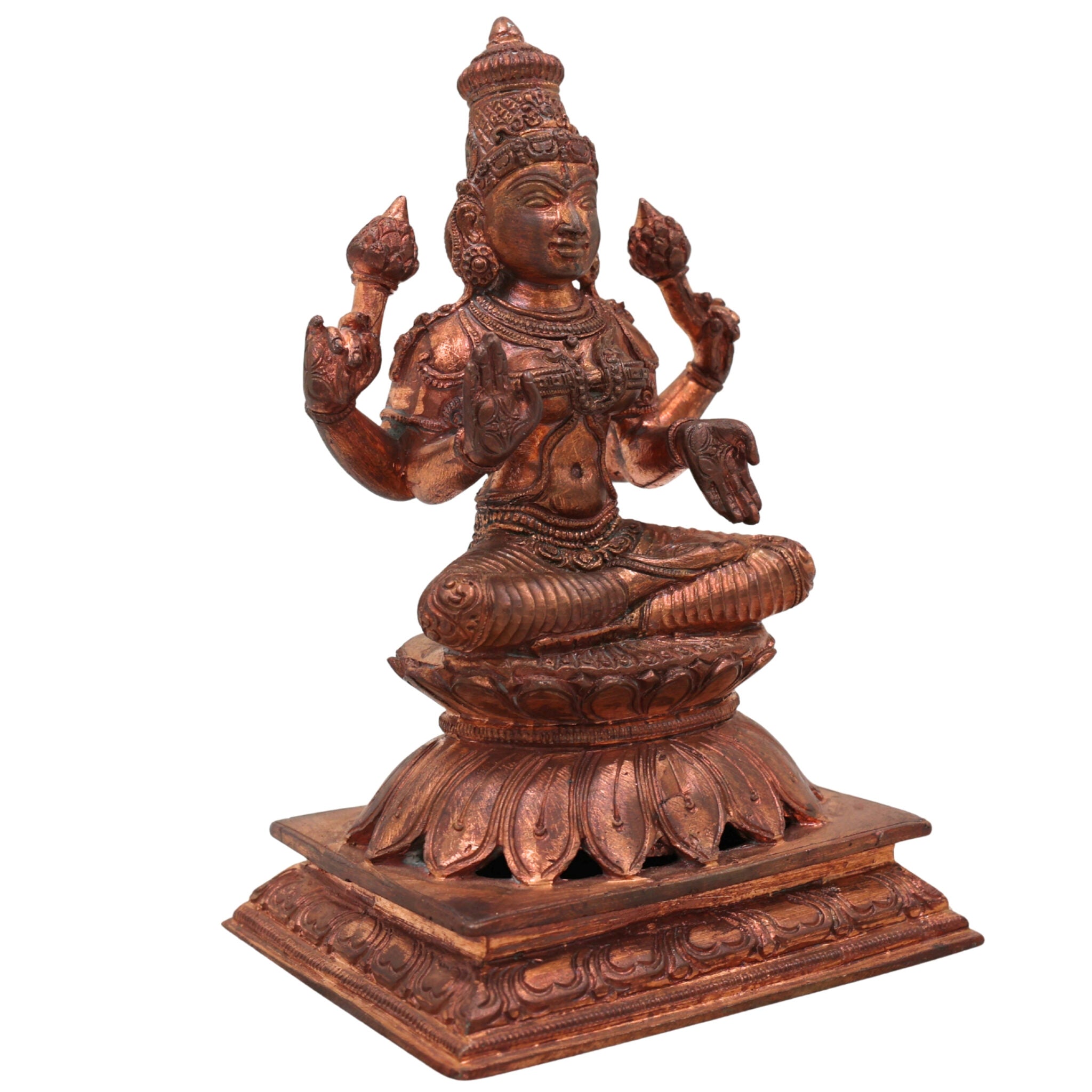 Handcrafted Bronze Mahalakshmi Idol | Panchaloha Lakshmi Murti | Kamala Devi | Lakshmi | South Indian Chola Art Sculpture for Pooja & Home Decor,Gold, 5 Inch, 1 Piece