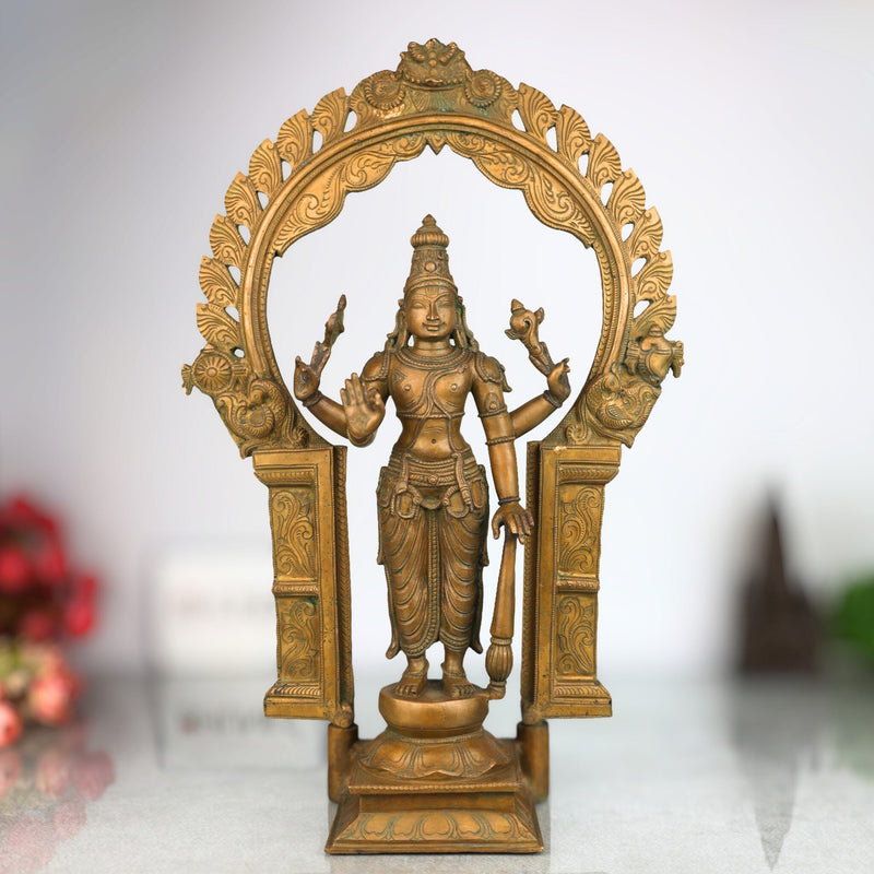 Handcrafted Bronze Vishnu Idol with Prabhavali – Authentic Panchaloha Narayana Statue, Govinda Murti for Pooja & Temple Decor,Brown, 20 Inch, 1 Piece