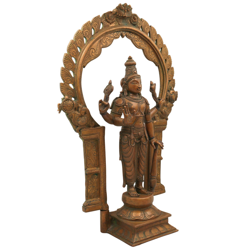 Handcrafted Bronze Vishnu Idol with Prabhavali – Authentic Panchaloha Narayana Statue, Govinda Murti for Pooja & Temple Decor,Brown, 20 Inch, 1 Piece