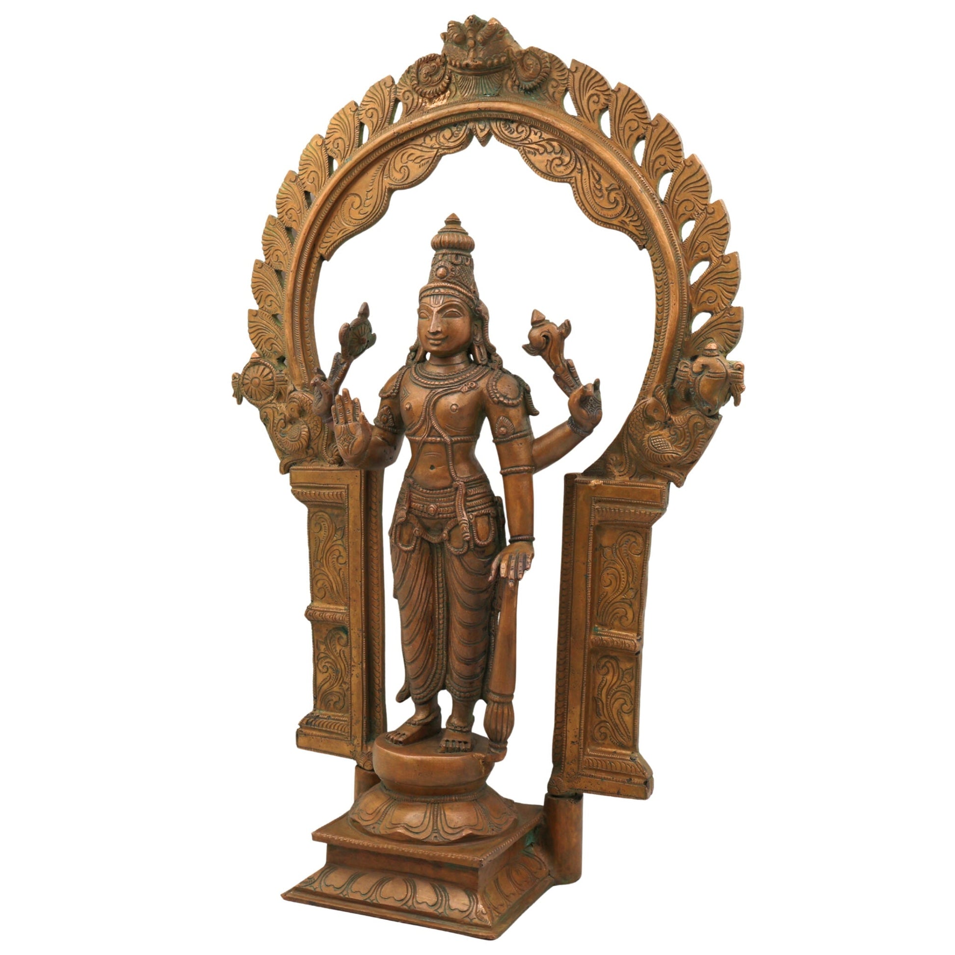 Handcrafted Bronze Vishnu Idol with Prabhavali – Authentic Panchaloha Narayana Statue, Govinda Murti for Pooja & Temple Decor,Brown, 20 Inch, 1 Piece