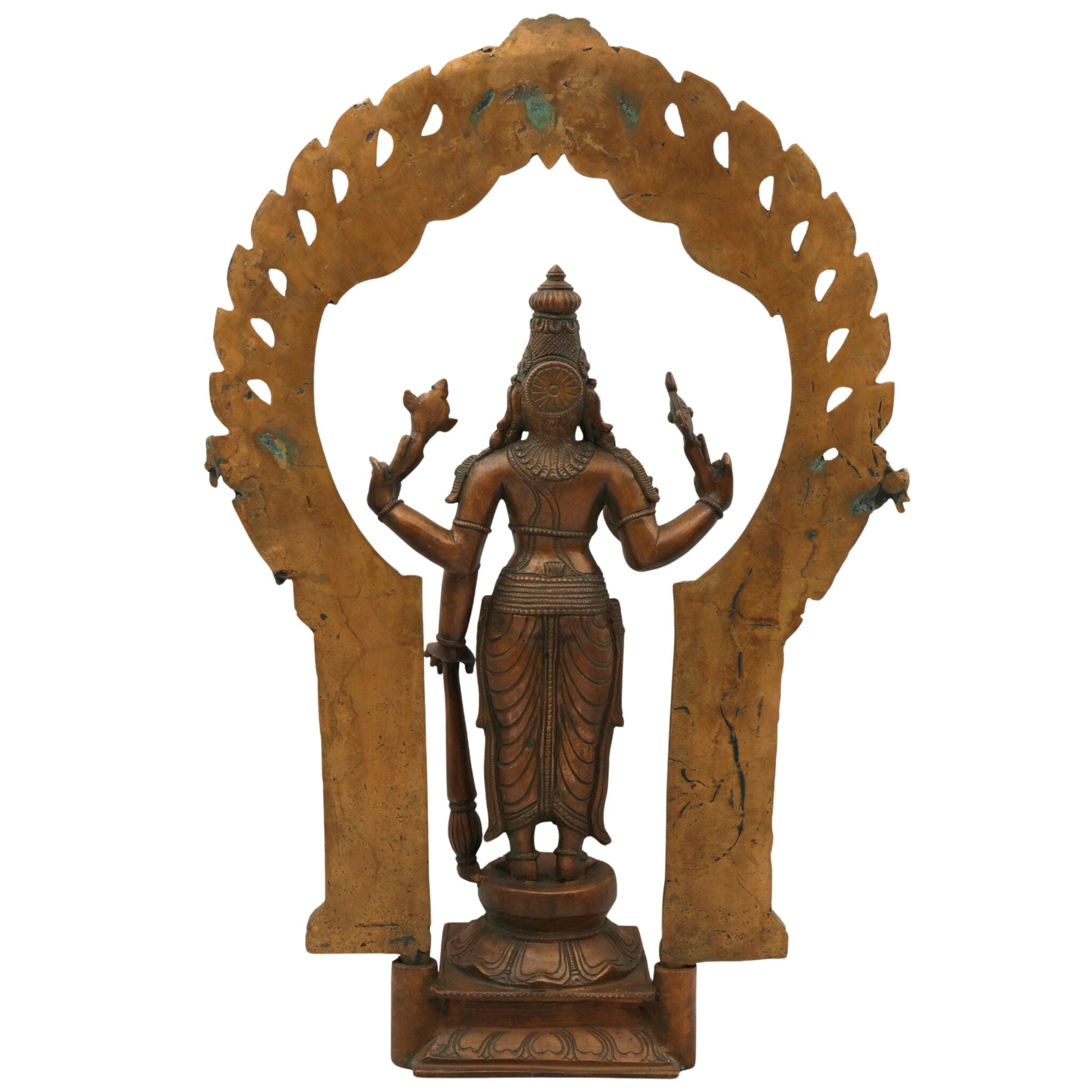 Handcrafted Bronze Vishnu Idol with Prabhavali – Authentic Panchaloha Narayana Statue, Govinda Murti for Pooja & Temple Decor,Brown, 20 Inch, 1 Piece