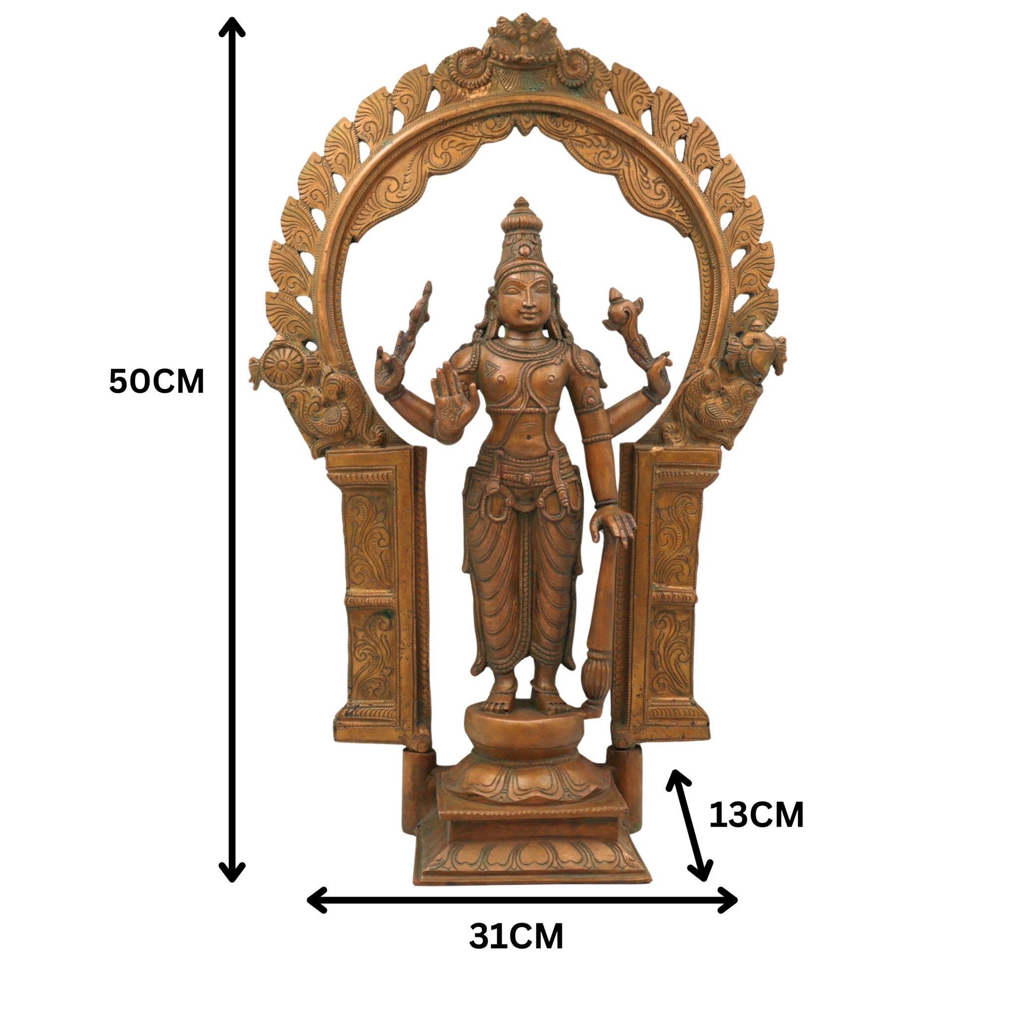 Handcrafted Bronze Vishnu Idol with Prabhavali – Authentic Panchaloha Narayana Statue, Govinda Murti for Pooja & Temple Decor,Brown, 20 Inch, 1 Piece