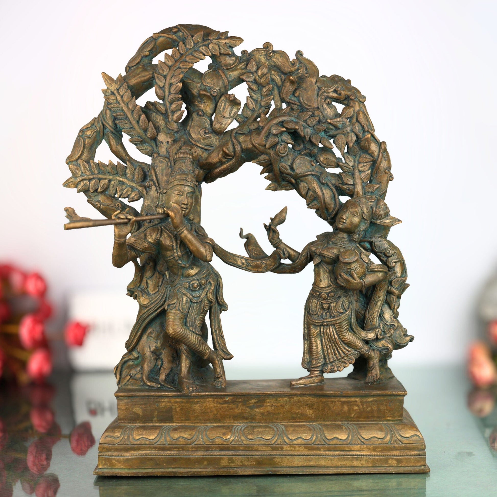 Handcrafted Panchaloha Bronze Radha Krishna Idol – Chola Art Murti for Pooja, Temple, Home Decor & Spiritual Gifting, Brown, 16 Inch, 1 Piece