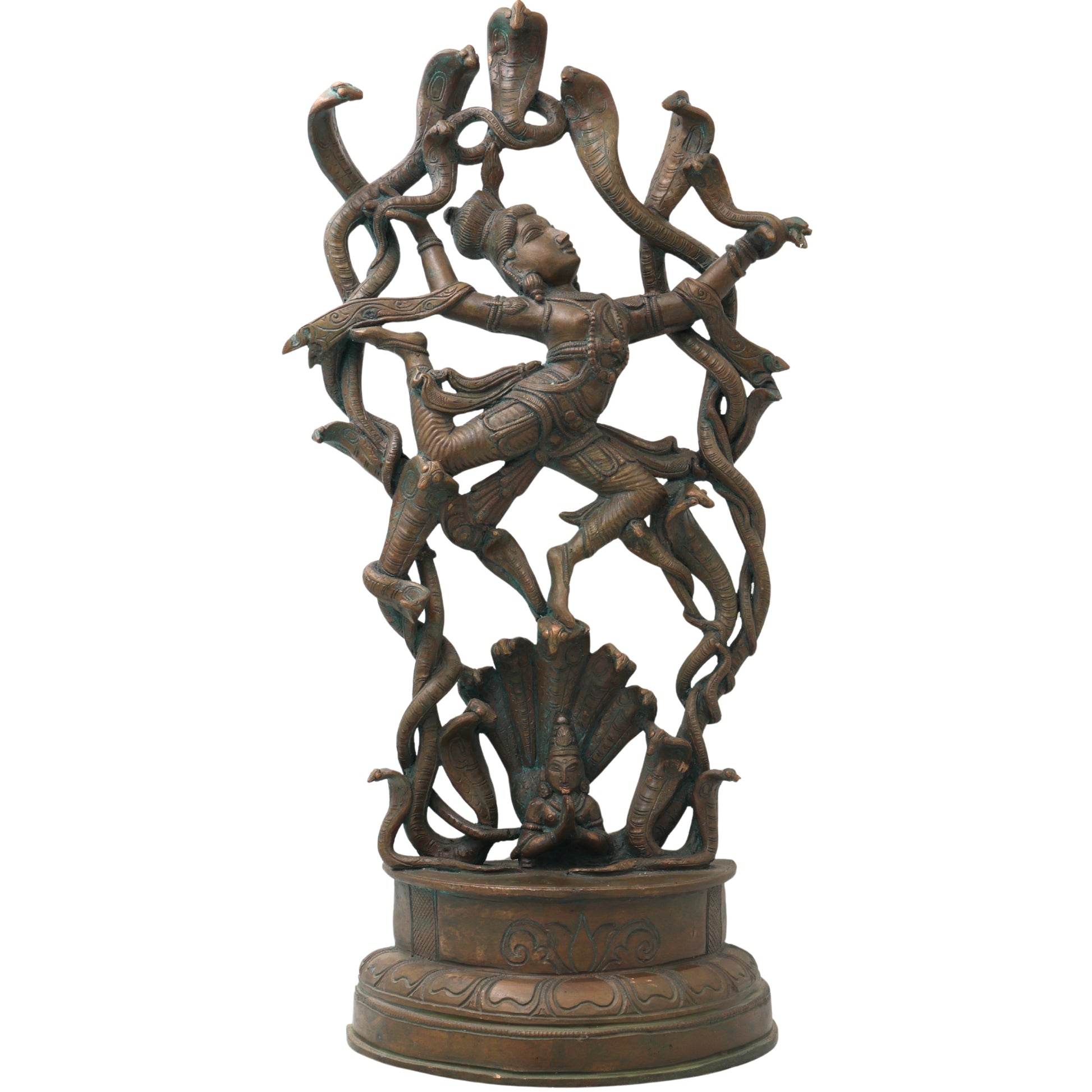 Handcrafted Panchaloha Krishna with Kaliya Idol, Kaliya Mardan Bronze Murti, Chola Art, South India Temple Sculpture, Brown, 18 Inch, 1 Piece