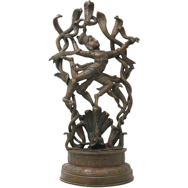 Handcrafted Panchaloha Krishna with Kaliya Idol, Kaliya Mardan Bronze Murti, Chola Art, South India Temple Sculpture, Brown, 18 Inch, 1 Piece