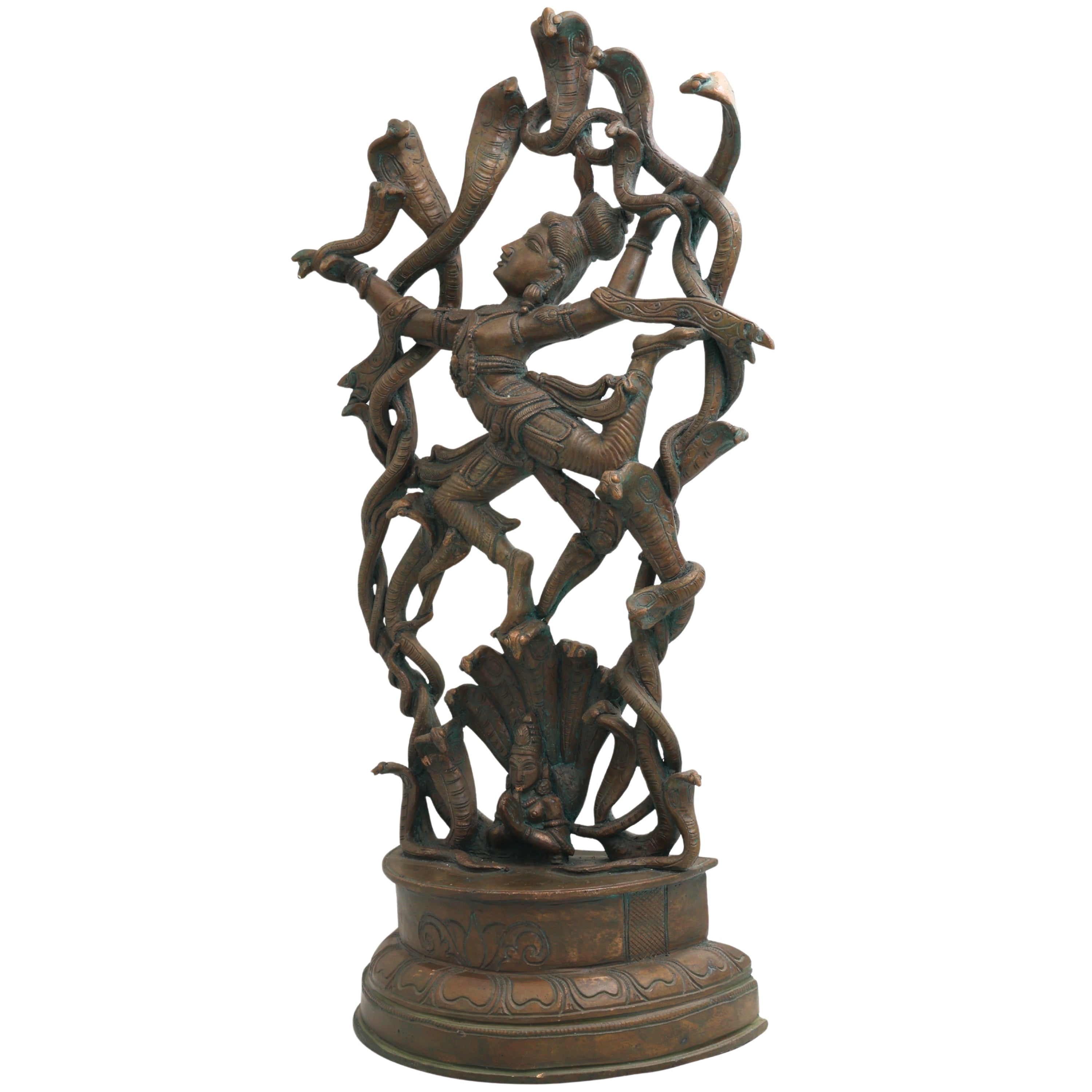 Handcrafted Panchaloha Krishna with Kaliya Idol, Kaliya Mardan Bronze Murti, Chola Art, South India Temple Sculpture, Brown, 18 Inch, 1 Piece
