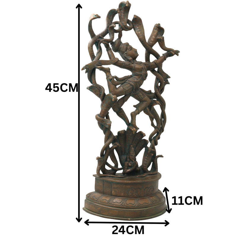 Handcrafted Panchaloha Krishna with Kaliya Idol, Kaliya Mardan Bronze Murti, Chola Art, South India Temple Sculpture, Brown, 18 Inch, 1 Piece