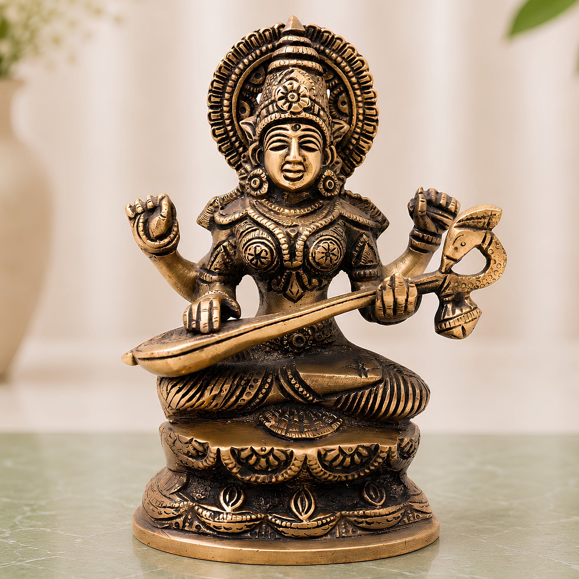 Brass Goddess Saraswati Idol, Sarasvati Murti, Vidya Devi Figurine, Saraswathi Vigraha For Puja And Home Decor,Gold, 7 Inch, 1 Piece