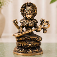 Brass Goddess Saraswati Idol, Sarasvati Murti, Vidya Devi Figurine, Saraswathi Vigraha For Puja And Home Decor,Gold, 7 Inch, 1 Piece