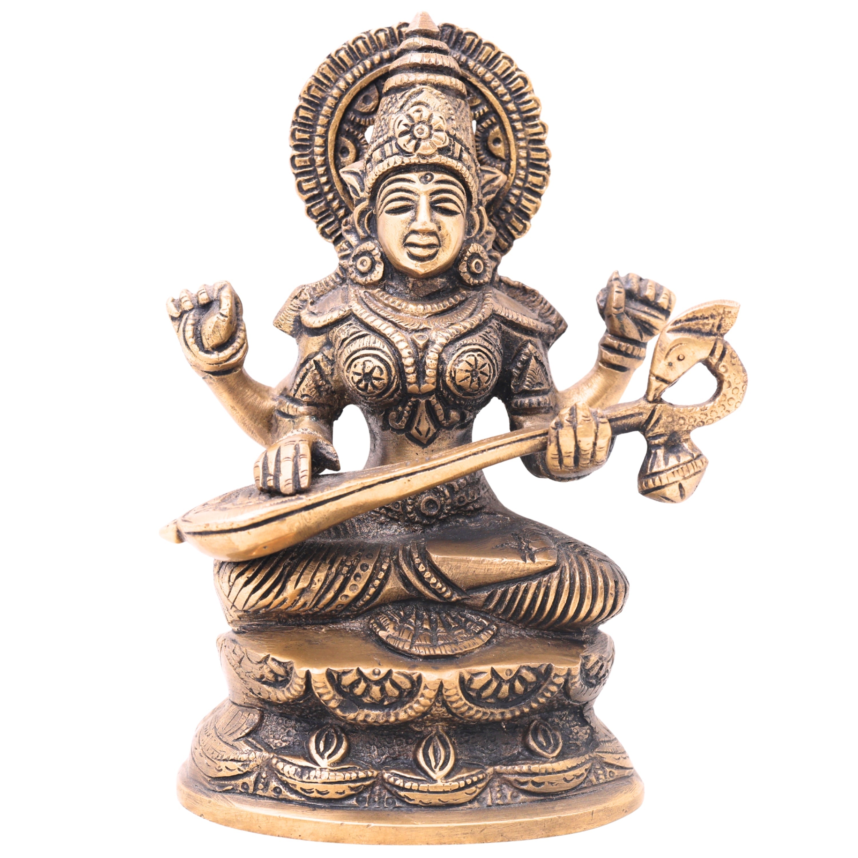 Brass Goddess Saraswati Idol, Sarasvati Murti, Vidya Devi Figurine, Saraswathi Vigraha For Puja And Home Decor,Gold, 7 Inch, 1 Piece