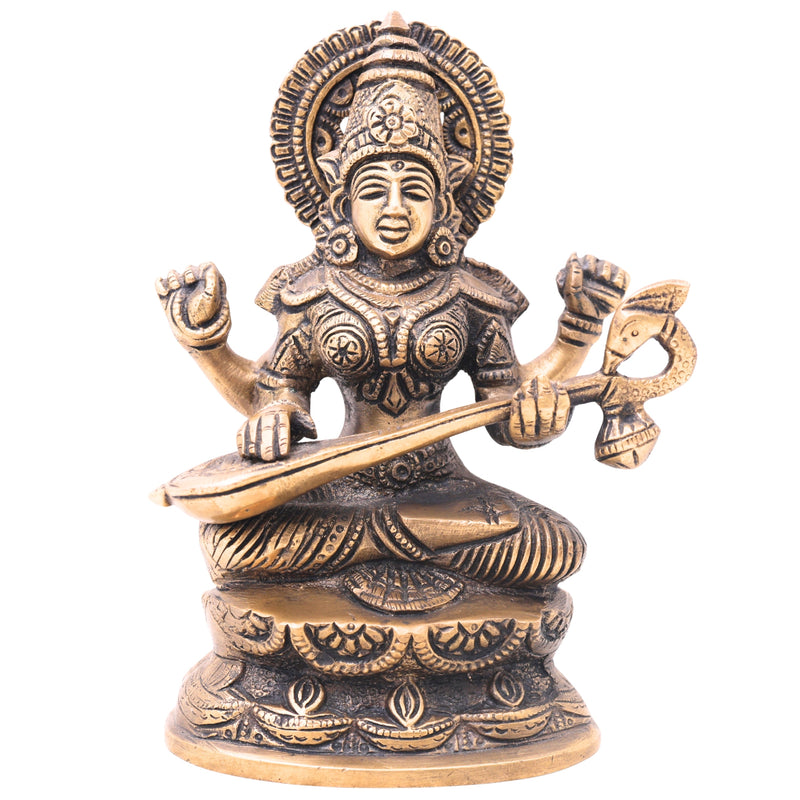 Brass Goddess Saraswati Idol, Sarasvati Murti, Vidya Devi Figurine, Saraswathi Vigraha For Puja And Home Decor,Gold, 7 Inch, 1 Piece