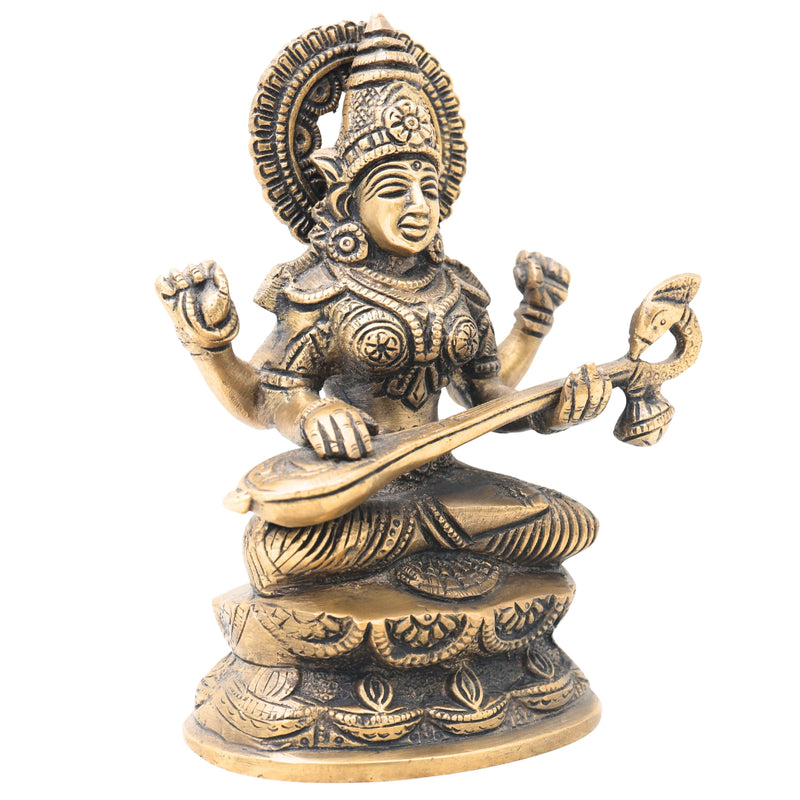 Brass Goddess Saraswati Idol, Sarasvati Murti, Vidya Devi Figurine, Saraswathi Vigraha For Puja And Home Decor,Gold, 7 Inch, 1 Piece