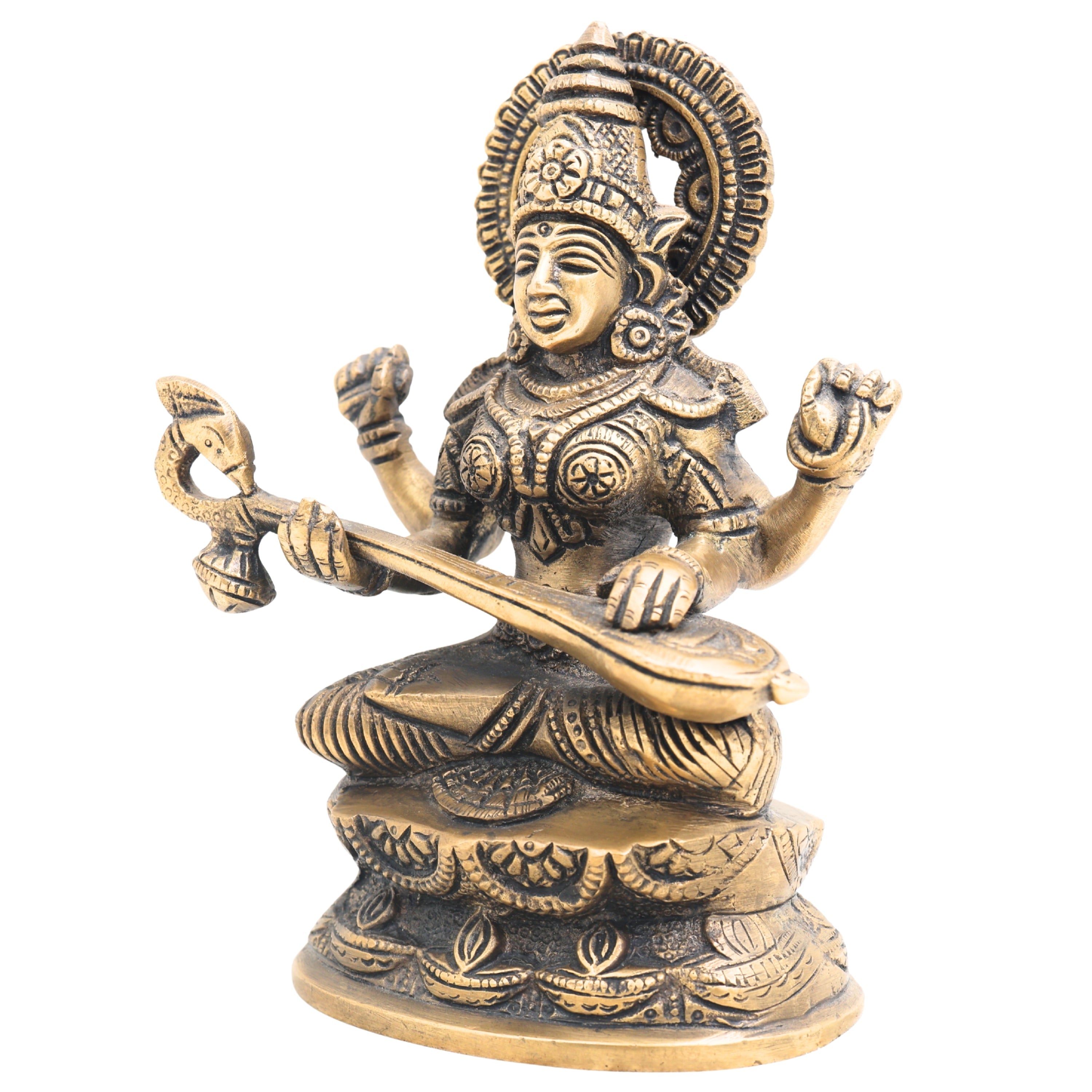 Brass Goddess Saraswati Idol, Sarasvati Murti, Vidya Devi Figurine, Saraswathi Vigraha For Puja And Home Decor,Gold, 7 Inch, 1 Piece